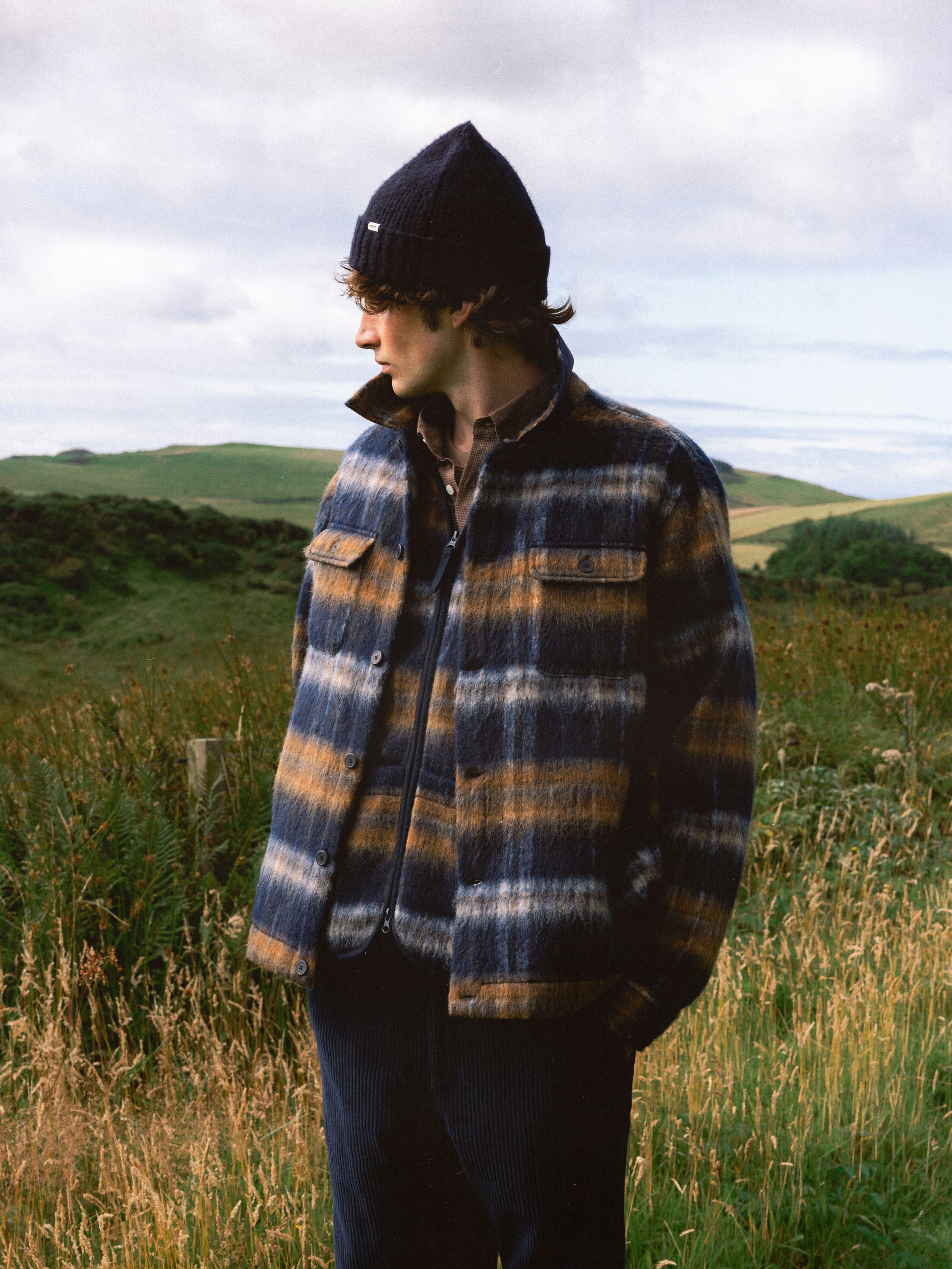 Haston Jacket in Navy Check Brushed Wool