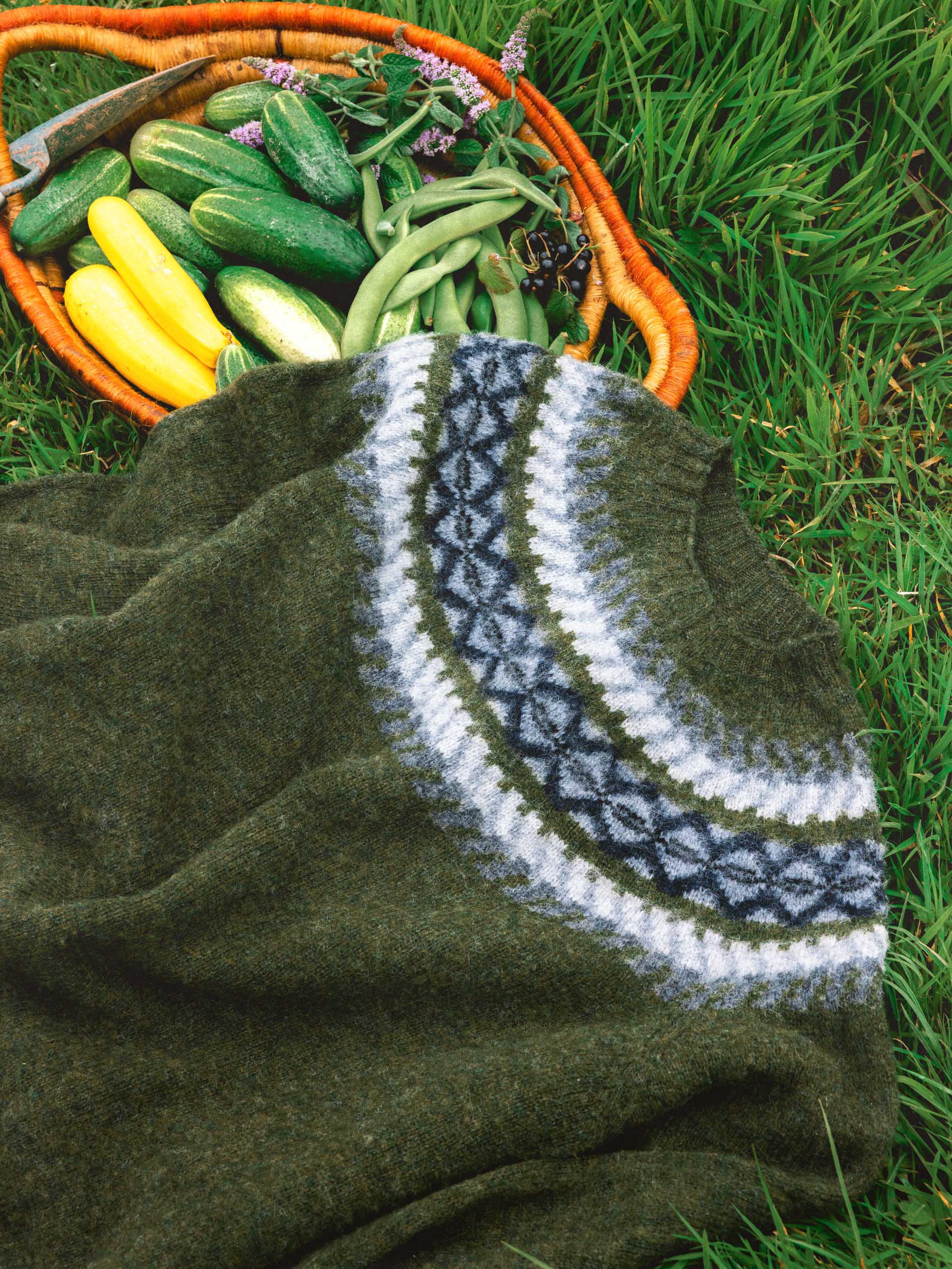 Olive knitted crew with a scottish fairisle pattern on grass next to a basket of fresh vegetables