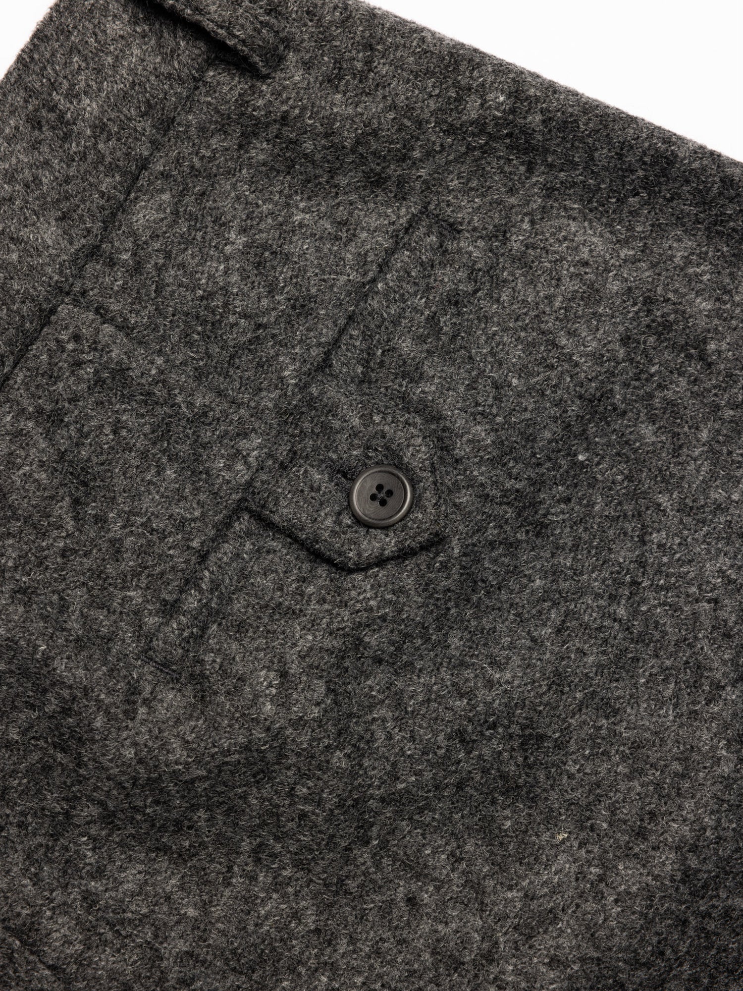 Single button flap pocket detail, back of charcoal wool blend trouser detail