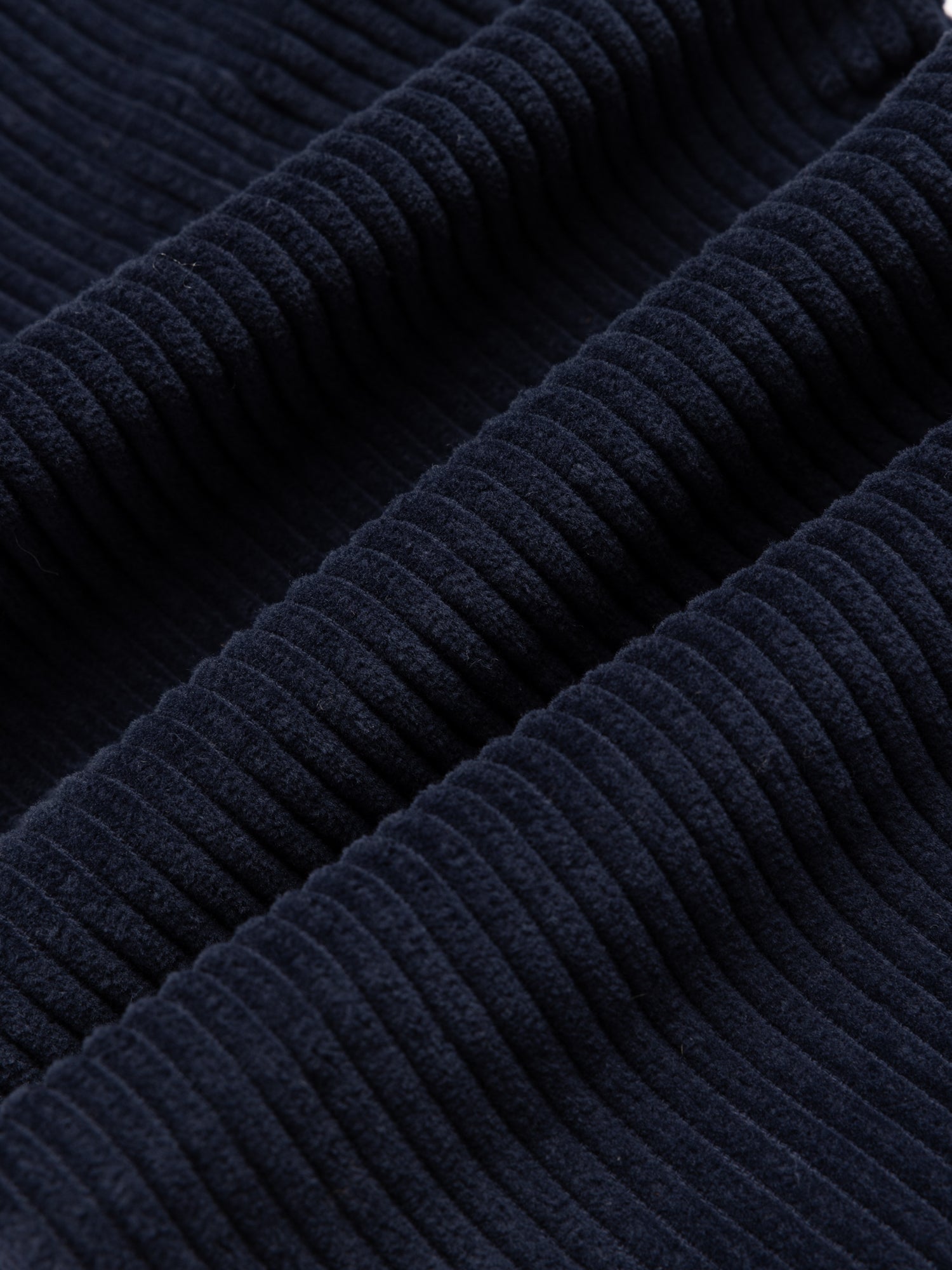 Close-up of dark blue corduroy fabric texture
