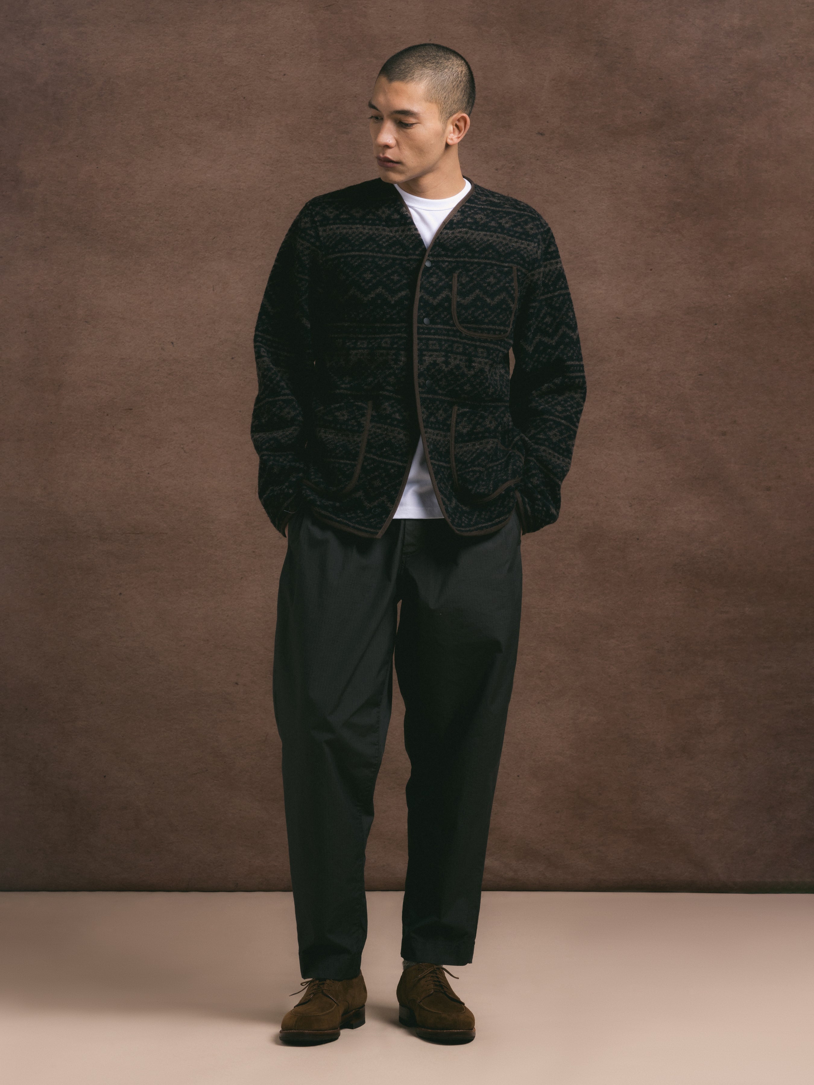 Neist Cardigan in Peat / Black Knitted Fairisle