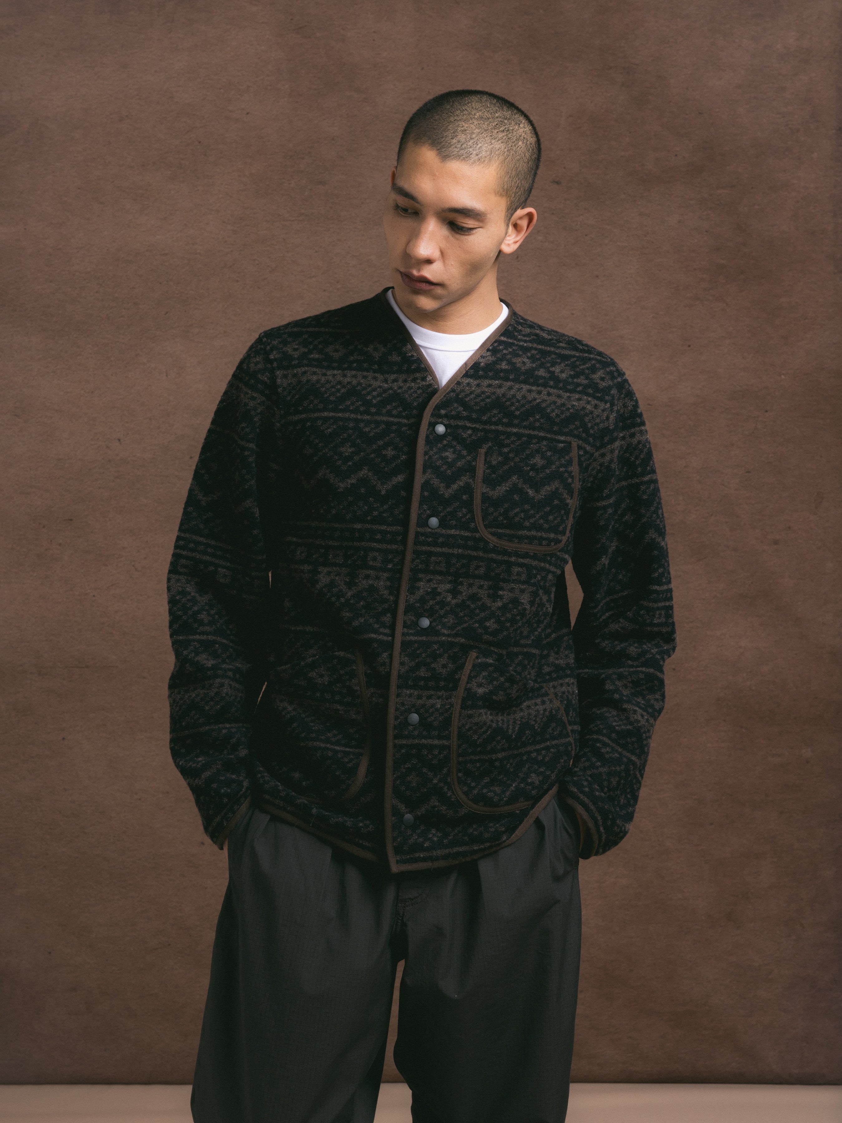 Neist Cardigan in Peat / Black Knitted Fairisle
