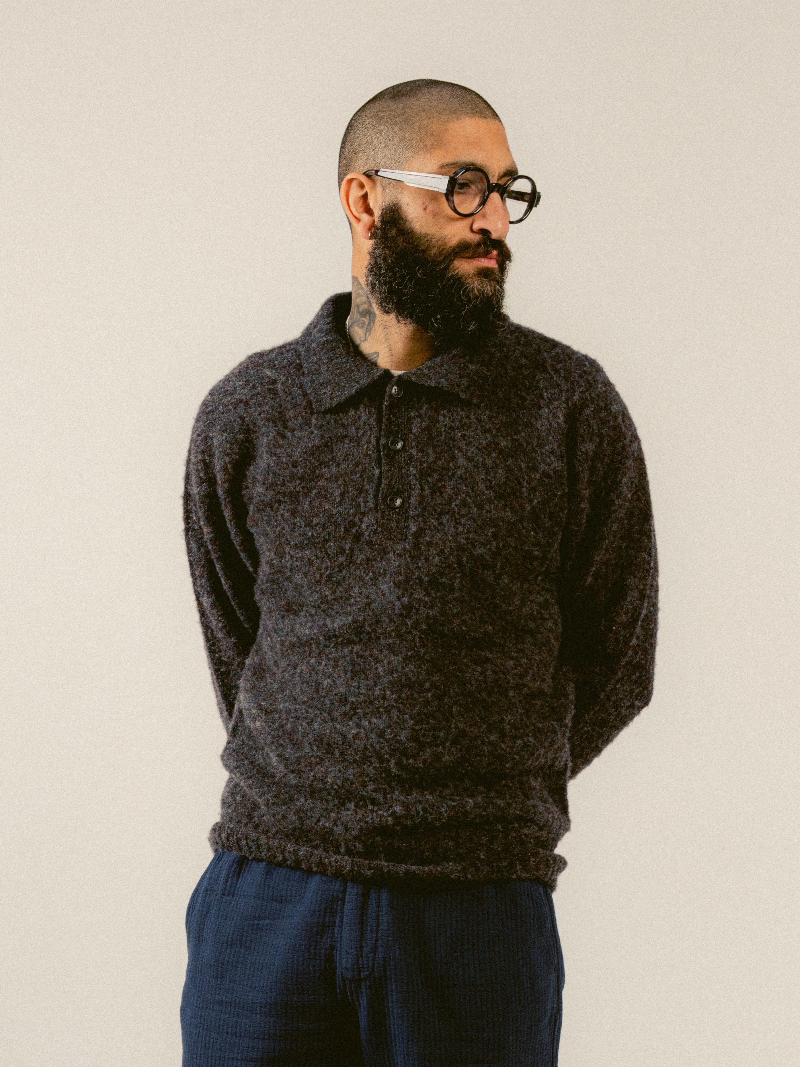 Lewis Brushed Shetland Polo in Charcoal Lambswool