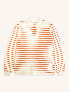 A long sleeve polo shirt with a striped pattern, on a white background.