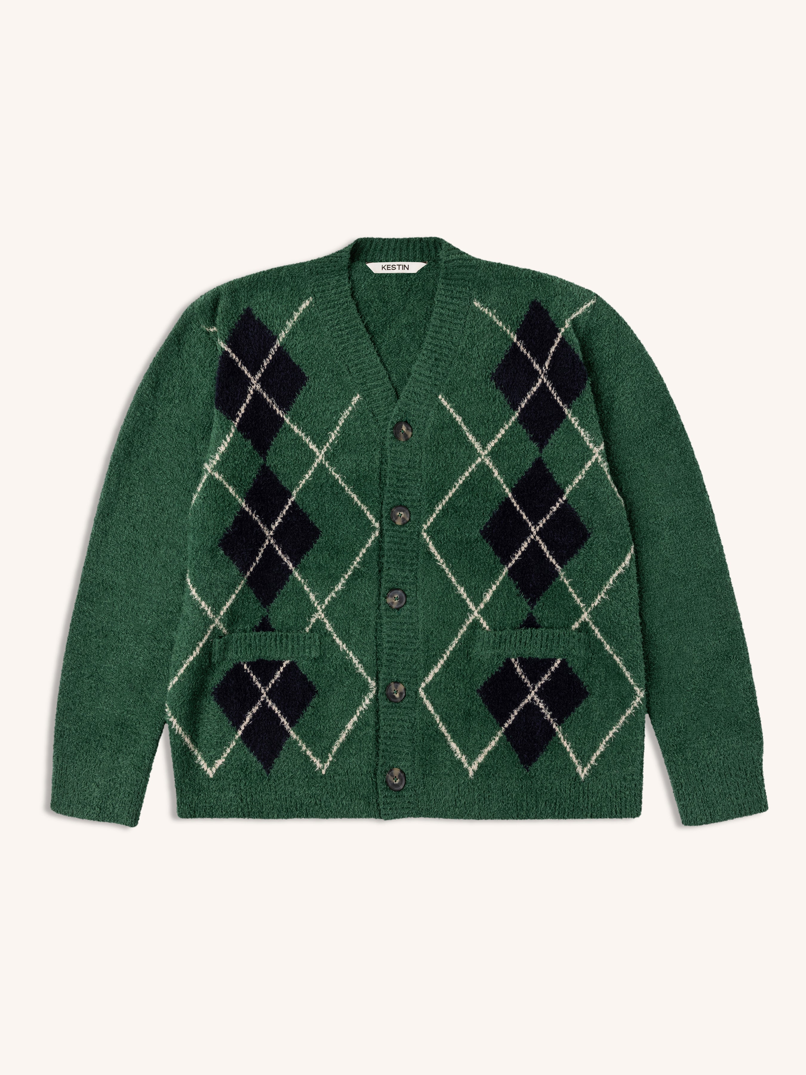 Muirfield Argyle Cardigan in Collegiate Green Organic Cotton – Kestin