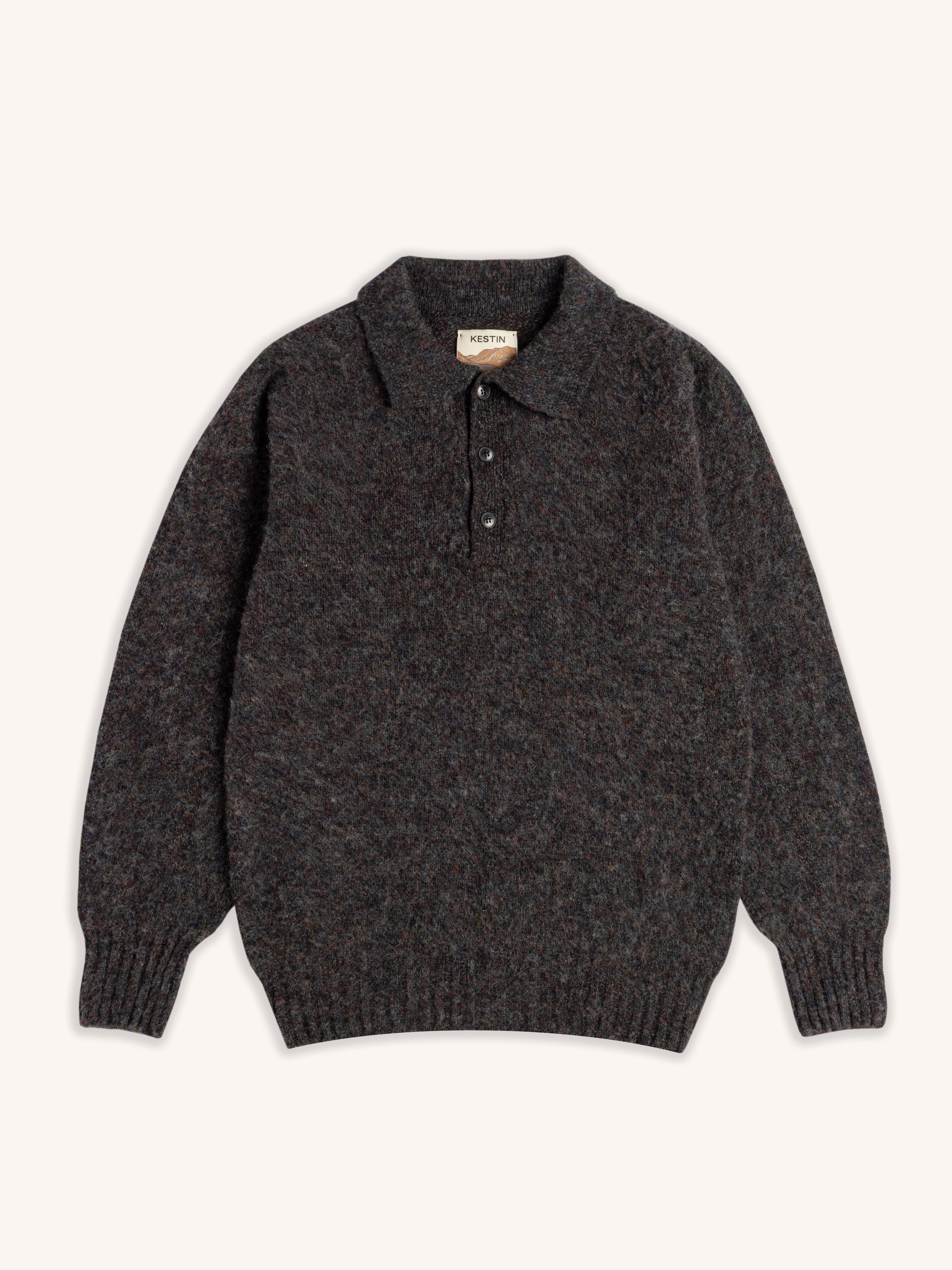 Lewis Brushed Shetland Polo in Charcoal Lambswool