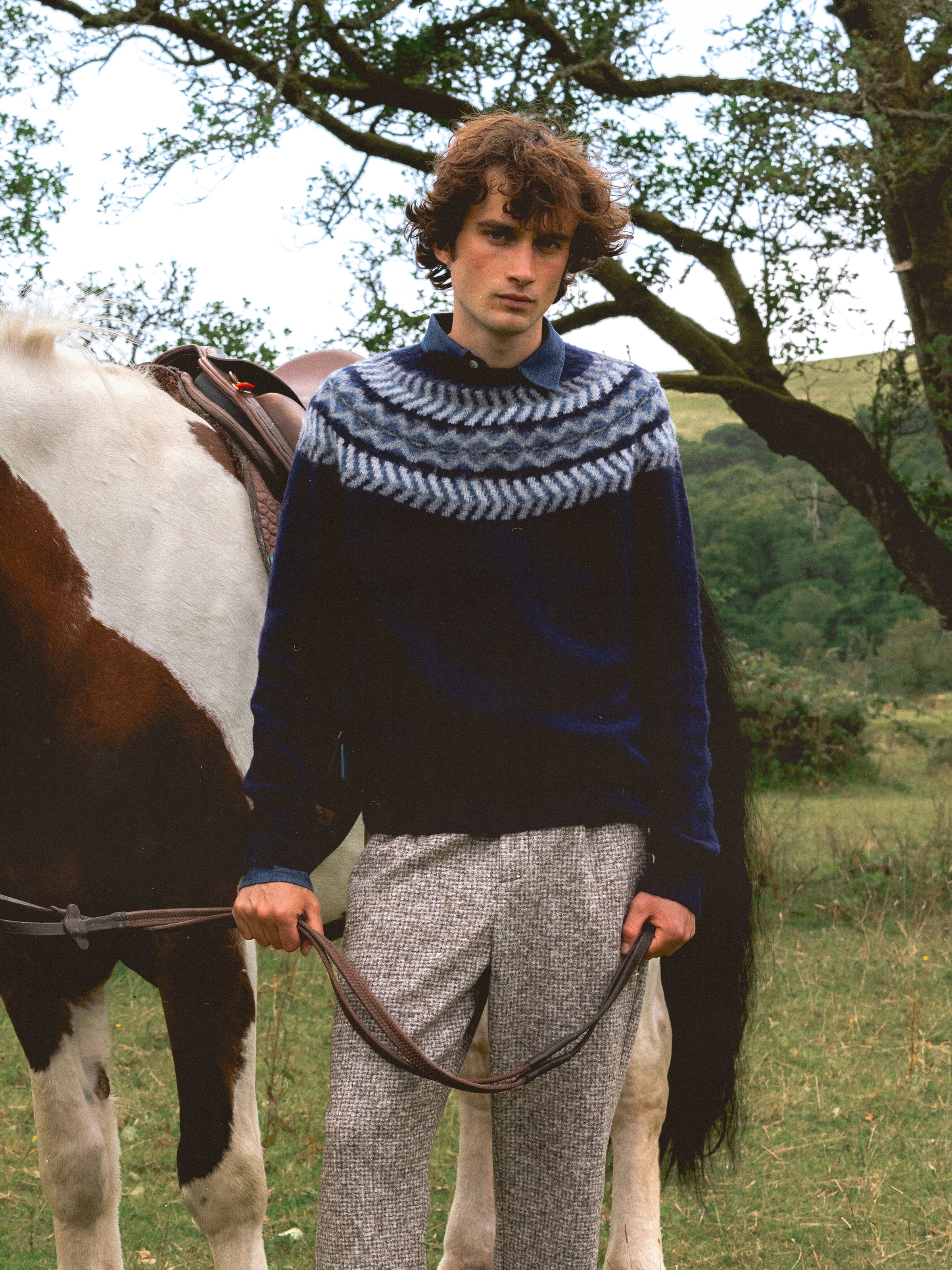 Yoke Fairisle Crew in Navy Brushed Pure Wool