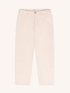 A pair of off-white cotton corduroy men's trousers, on a white background.