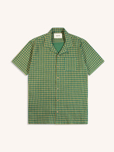 A men's short sleeve shirt with a green check pattern on a white background.