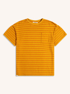 A short sleeve t-shirt in a yellow stripe, on a white background.