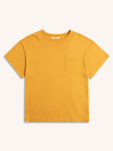 A men's yellow short sleeve t-shirt, made from cotton waffle, on a white background.