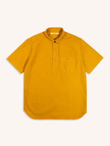 A short sleeve pullover shirt in a rich yellow colour, on a white background.