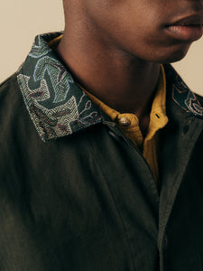 A close-up of the KESTIN Huntly Jacket with a jacquard collar.