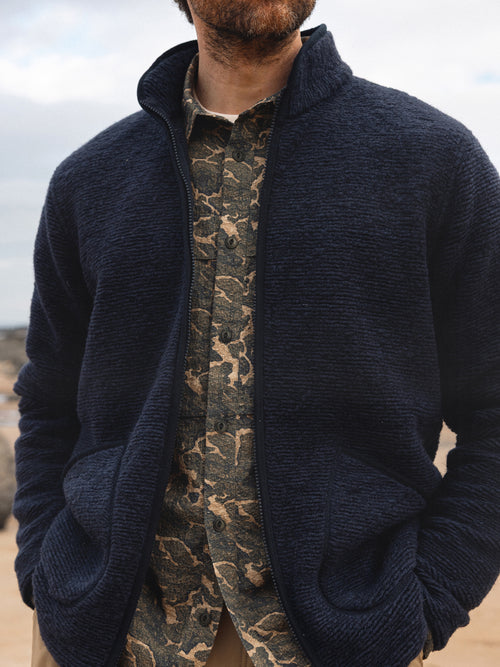 Lanark Zip Fleece in Navy Ribbed Wool Blend