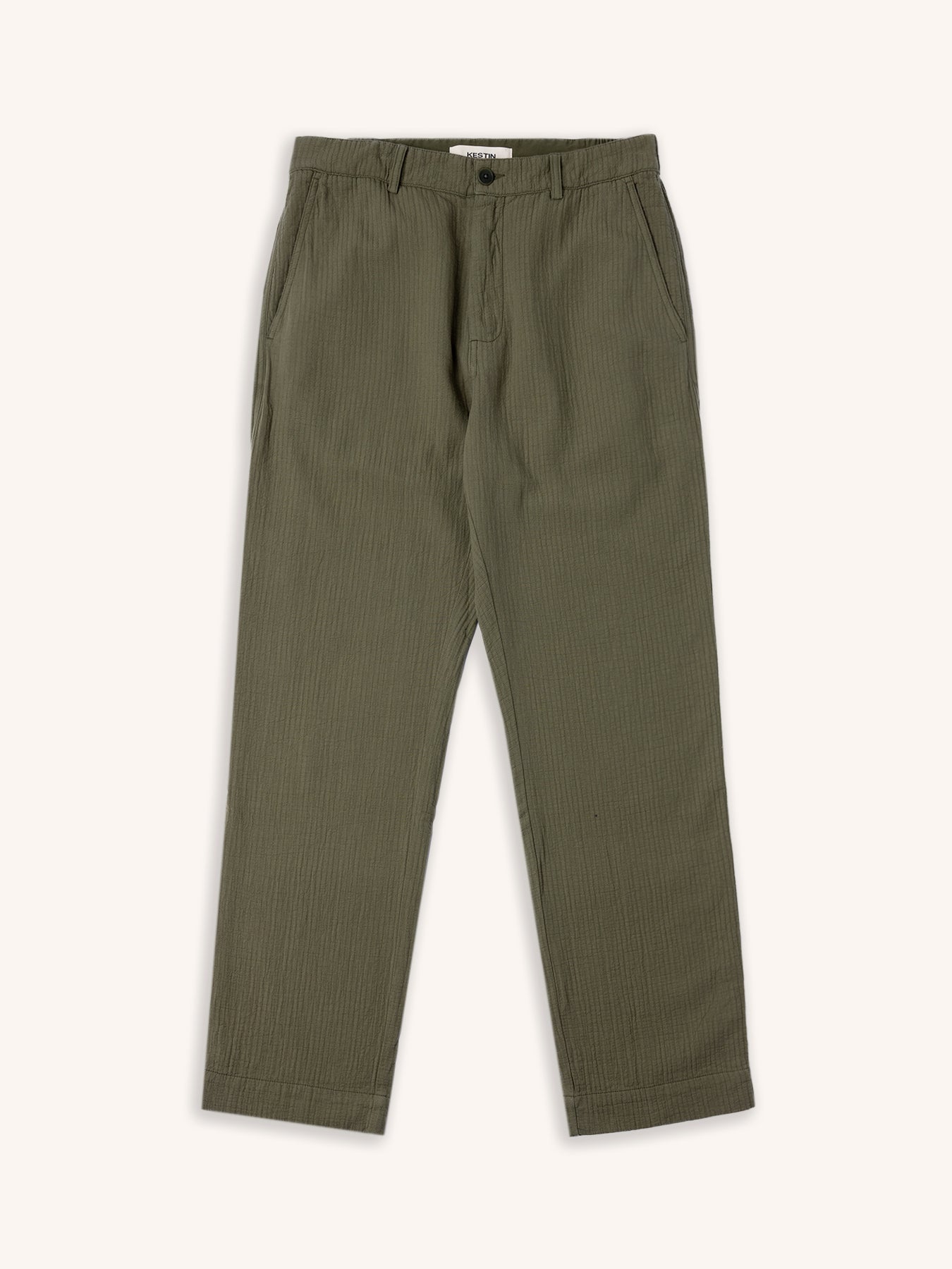 An olive green pair of trousers in a casual cotton weave, on a white background.