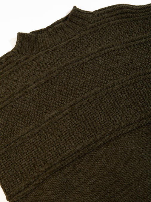 A ribbed mock neck on a green knitted sweater by men's clothing brand KESTIN.