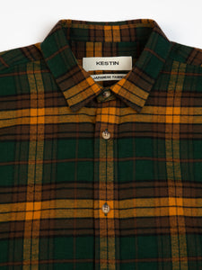 A close-up of the collar of the KESTIN Dirleton Shirt in green and yellow.