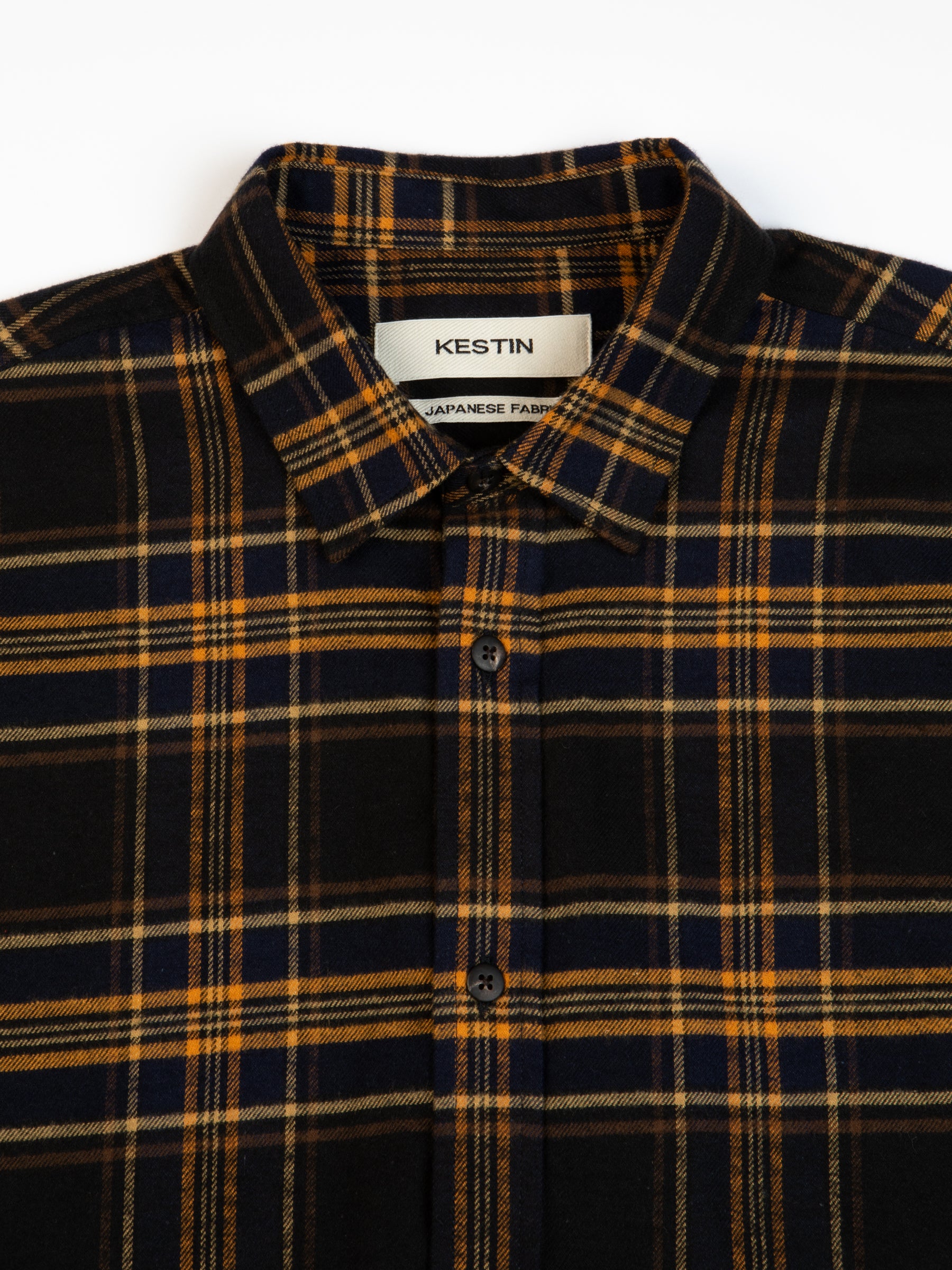 A close-up of the collar of the KESTIN Dirleton Shirt in Japanese Cotton.