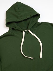 The drawstring hood of the KESTIN St Andrews Hoodie in garment dyed green.