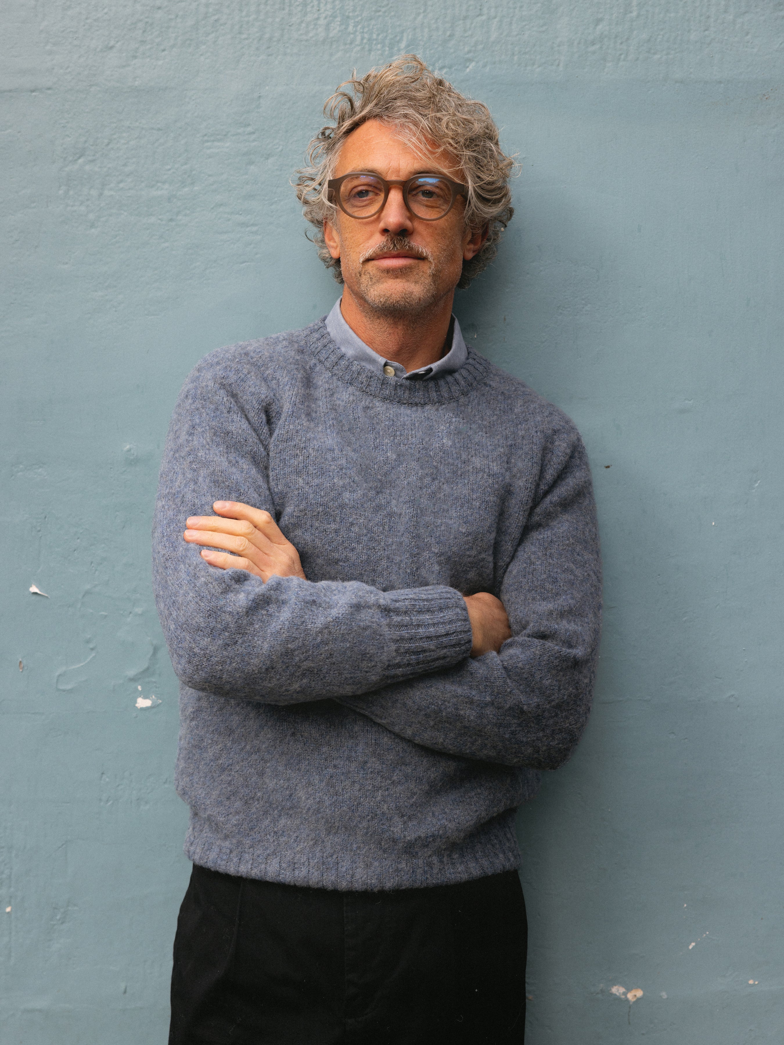 Brushed Shetland Crew in Dusty Blue Lambswool