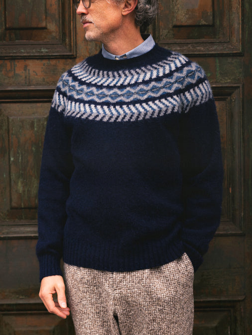Yoke Fairisle Crew in Navy Brushed Pure Wool
