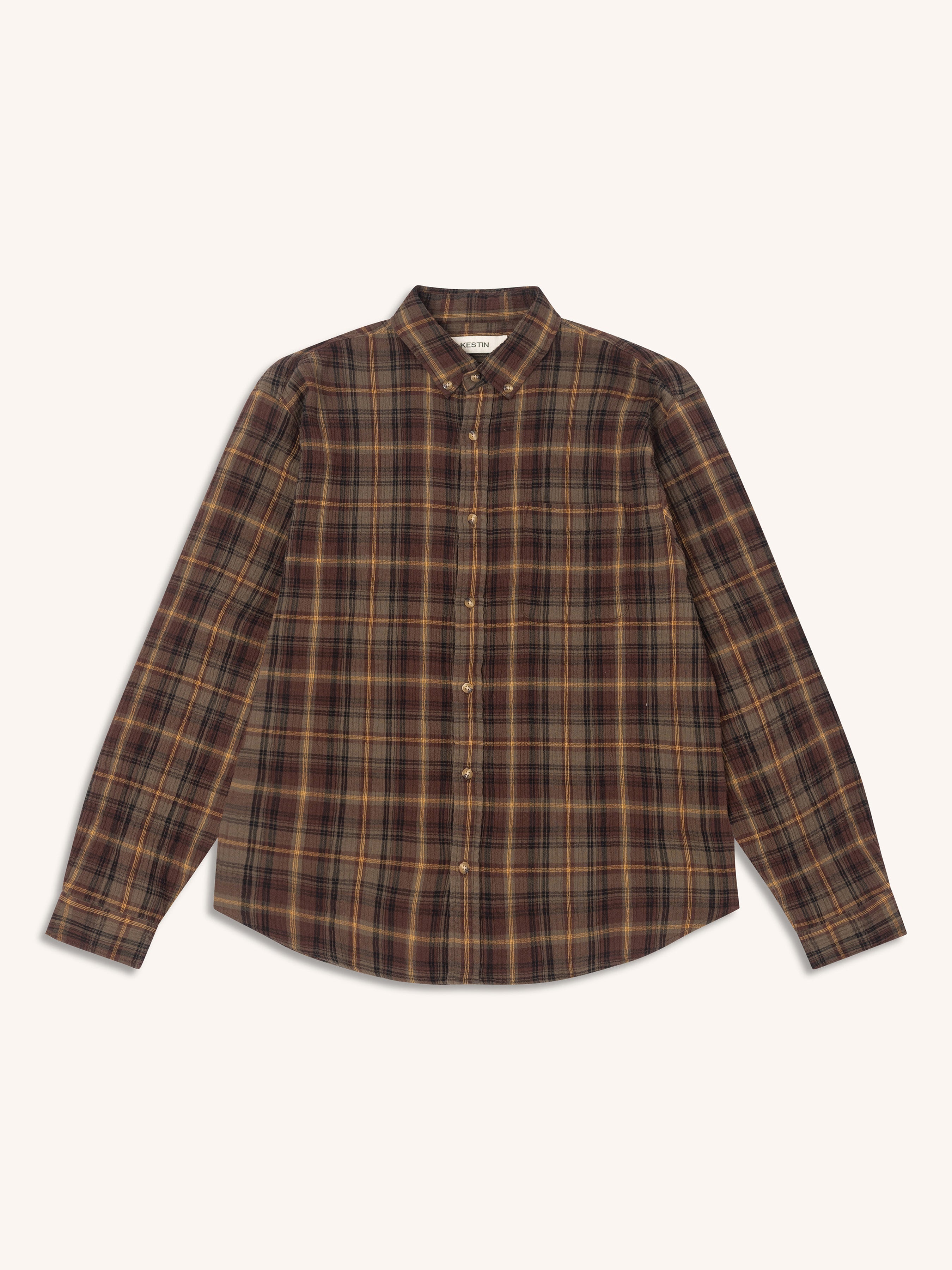 Raeburn Button Down Shirt in Overcheck Brown Seersucker