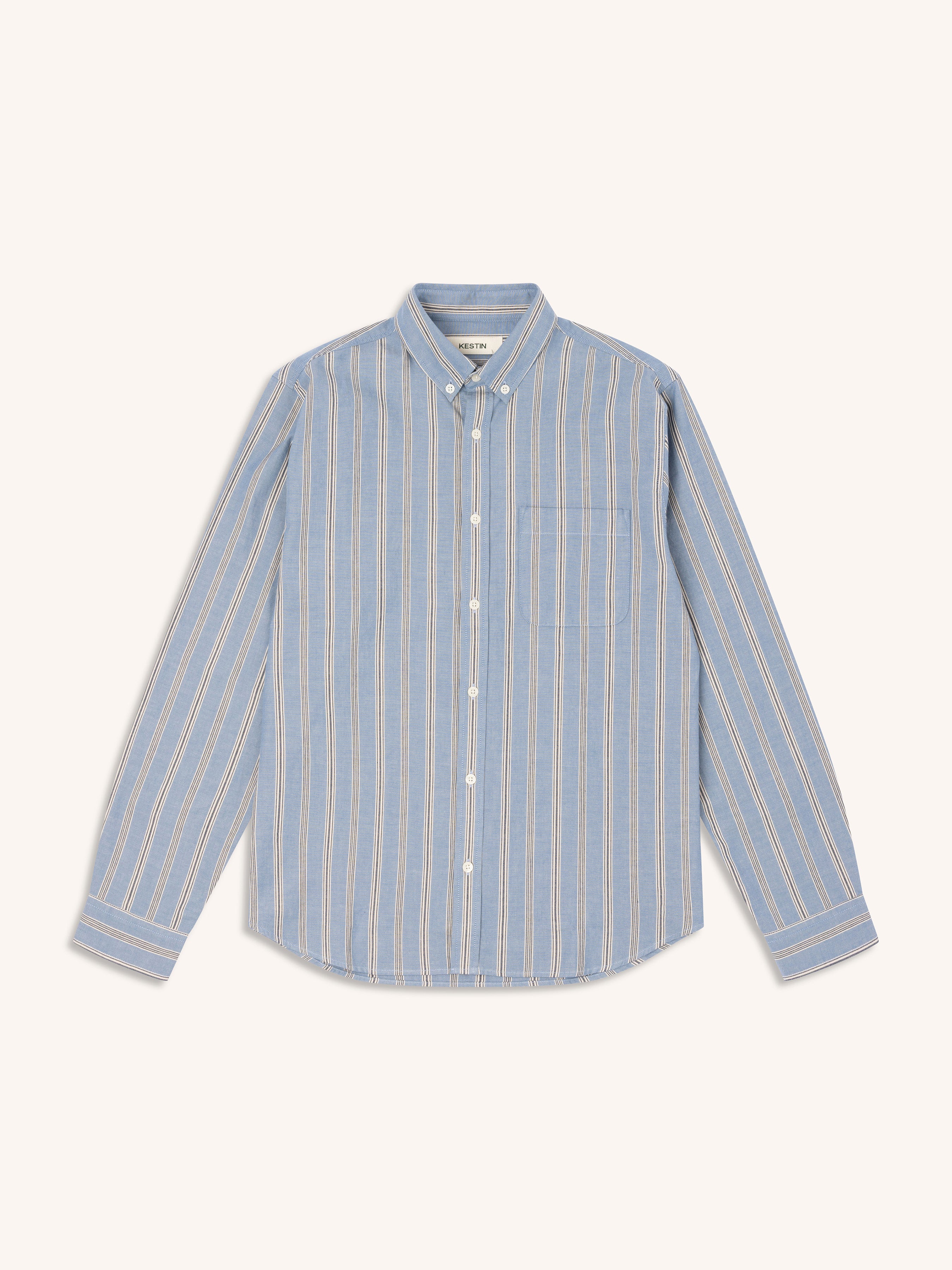 Raeburn Button Down Shirt in Blue Wide Stripe Cotton