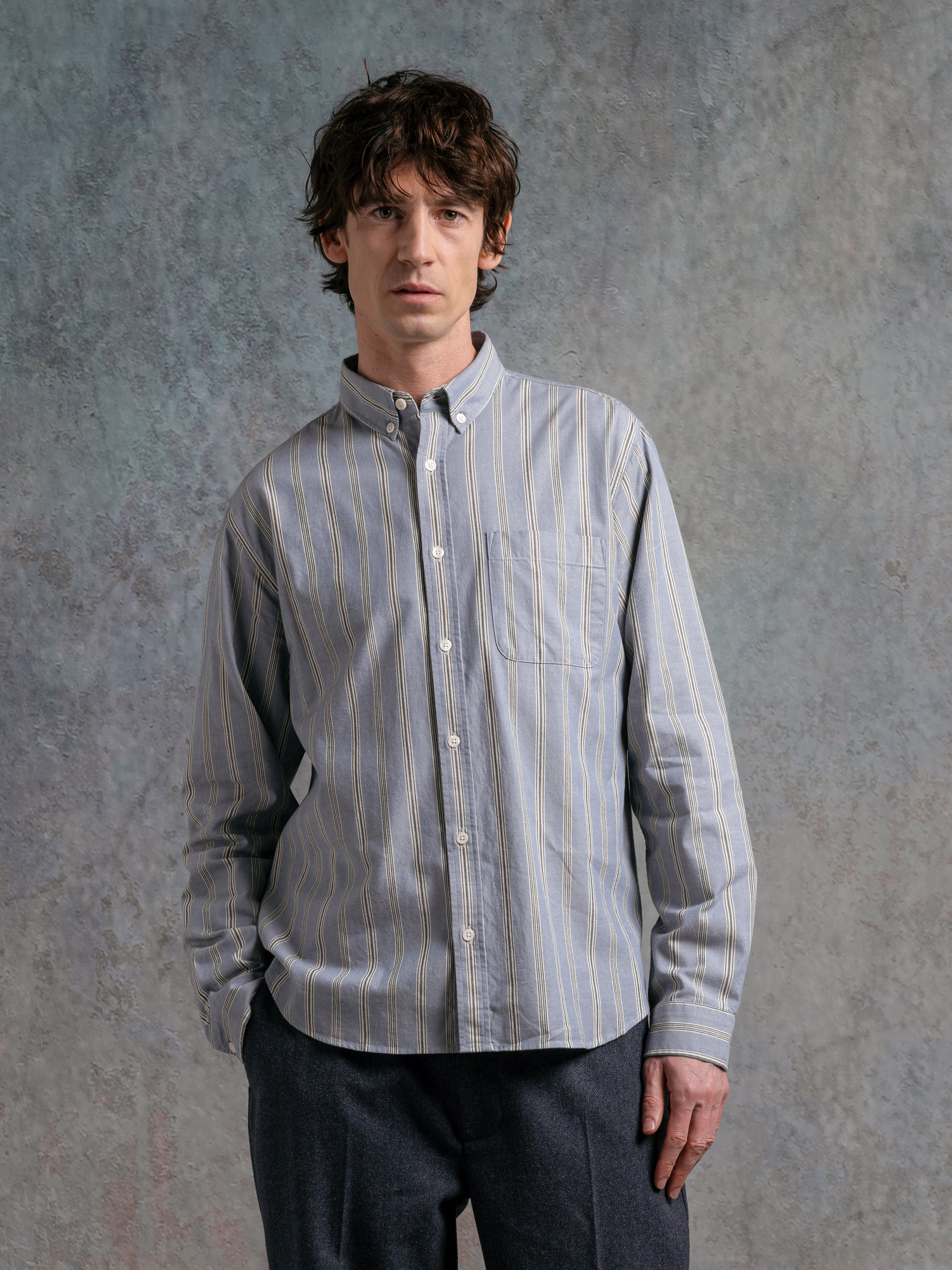Raeburn Button Down Shirt in Blue Wide Stripe Cotton