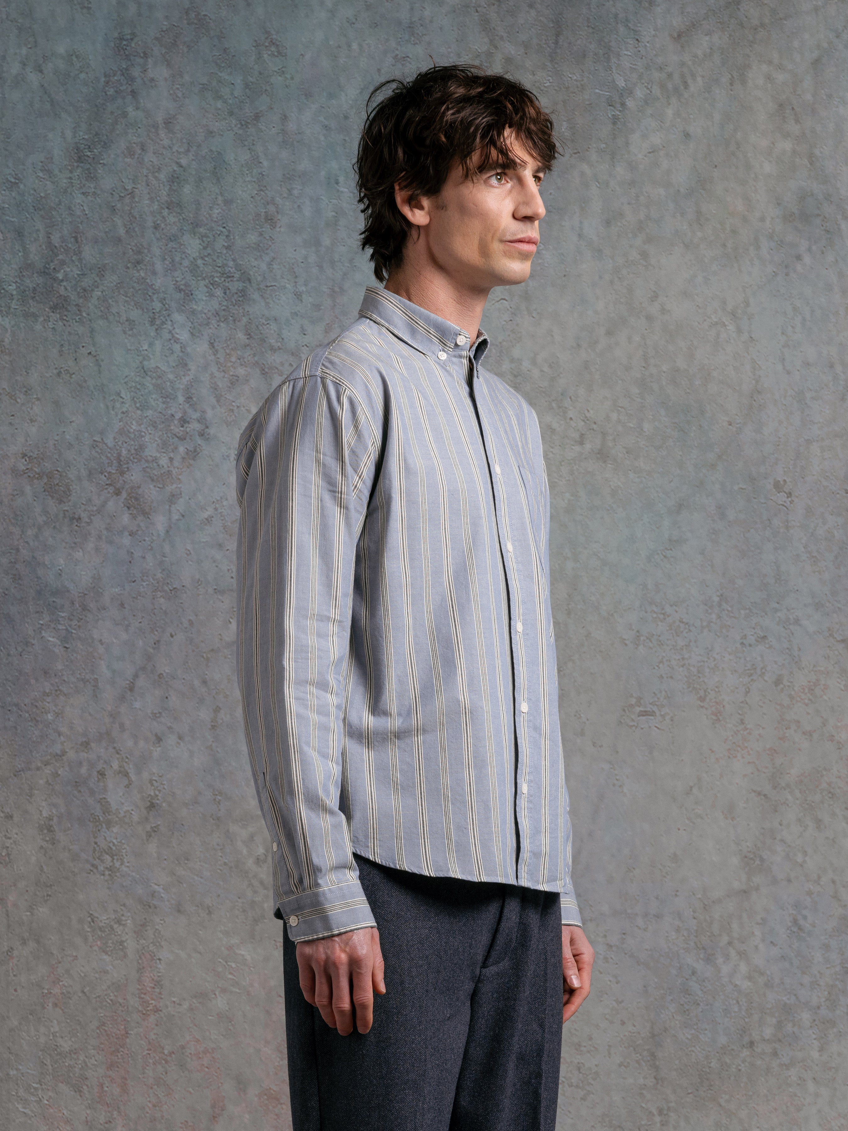 Raeburn Button Down Shirt in Blue Wide Stripe Cotton