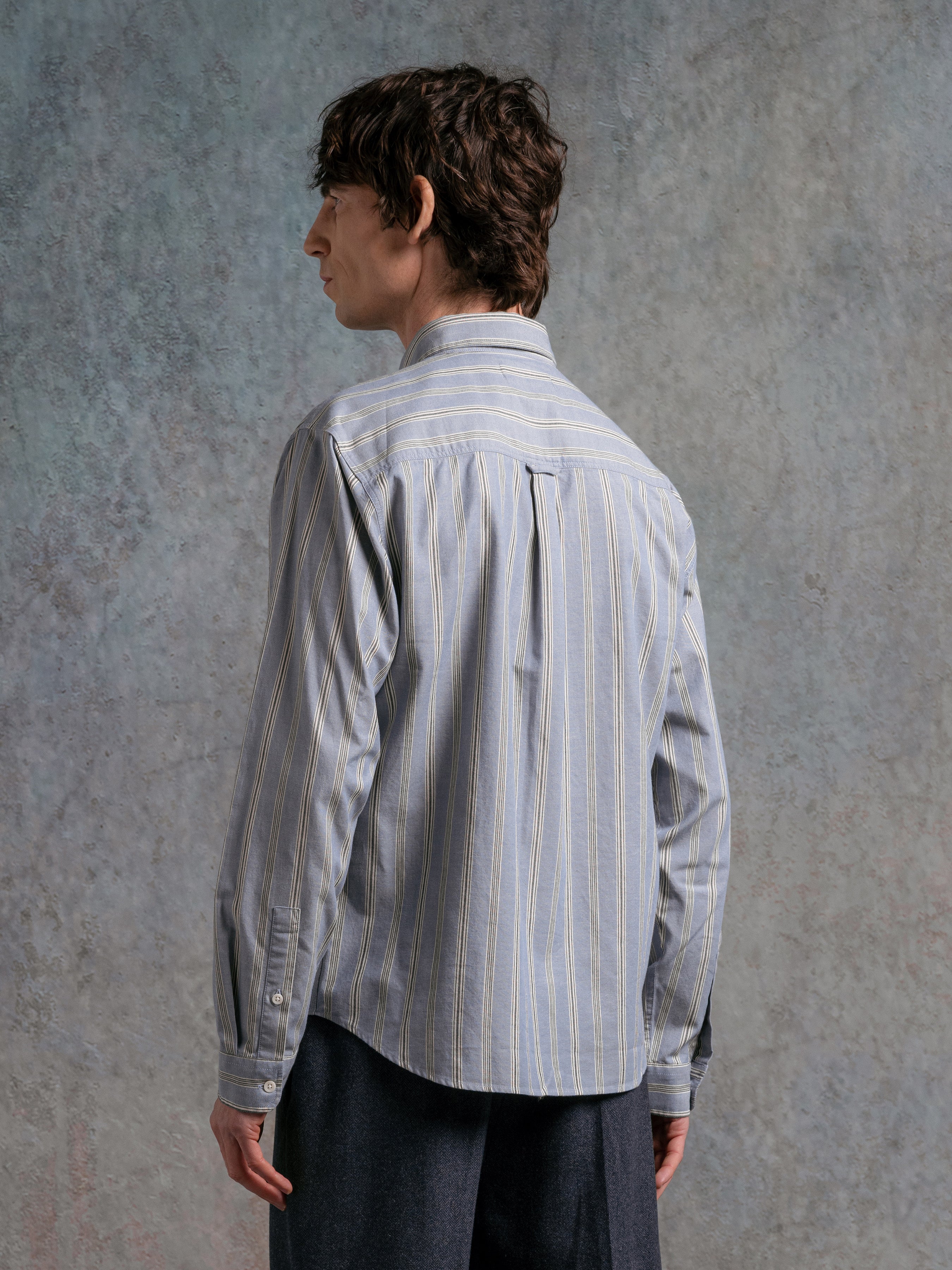 Raeburn Button Down Shirt in Blue Wide Stripe Cotton