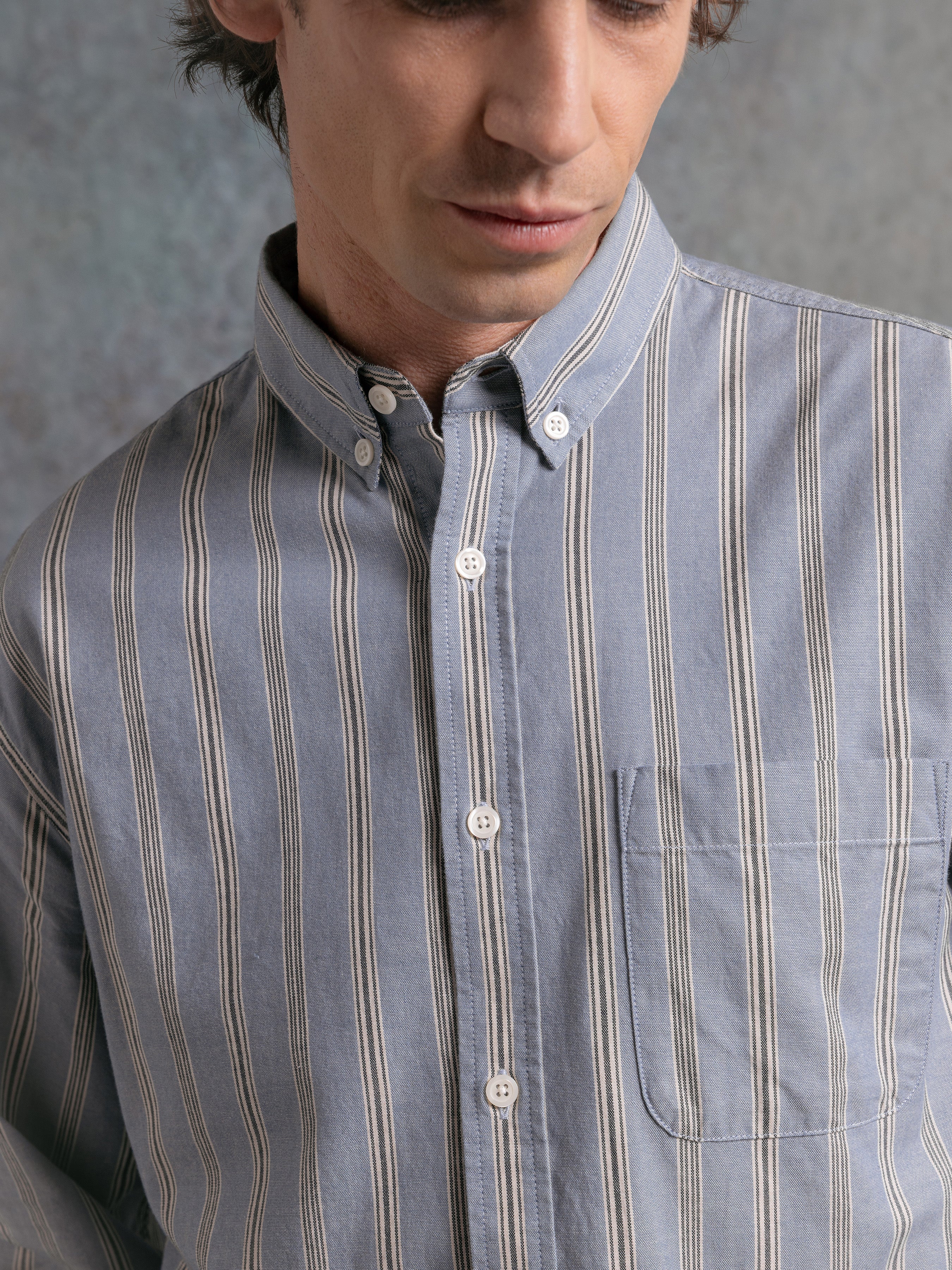 Raeburn Button Down Shirt in Blue Wide Stripe Cotton
