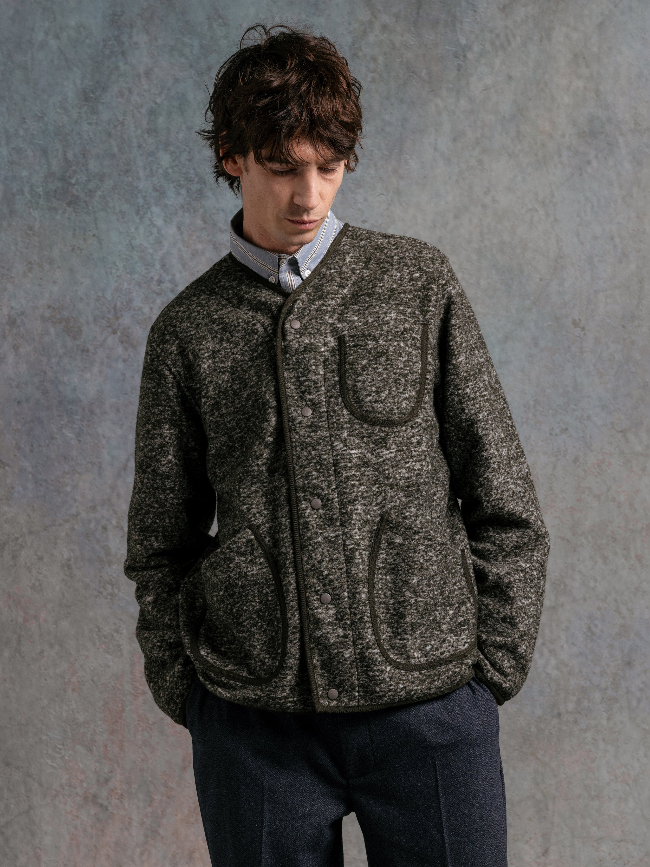 Neist Cardigan in Olive Speckled Wool Blend