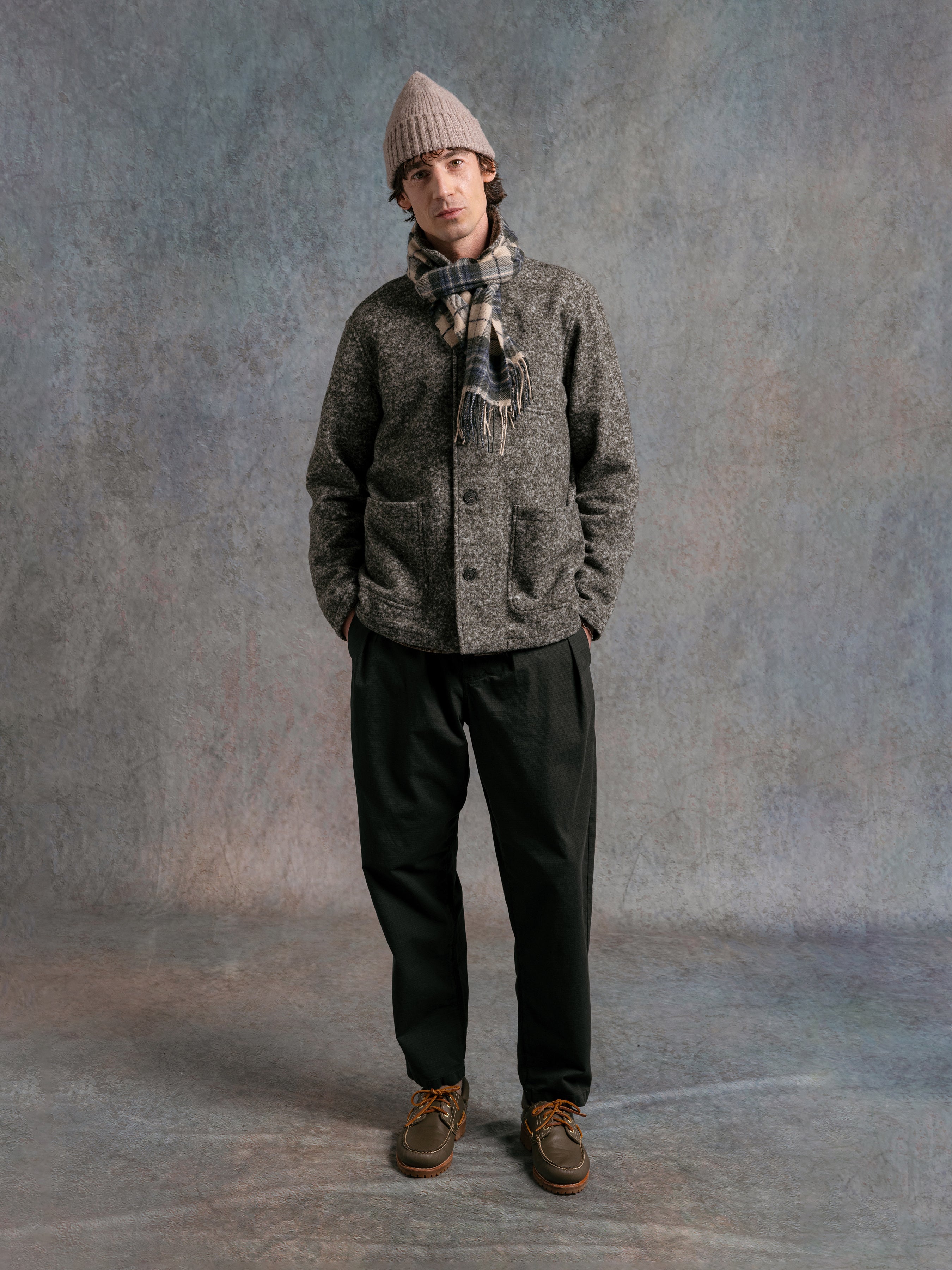 Neist Cardigan in Olive Speckled Wool Blend