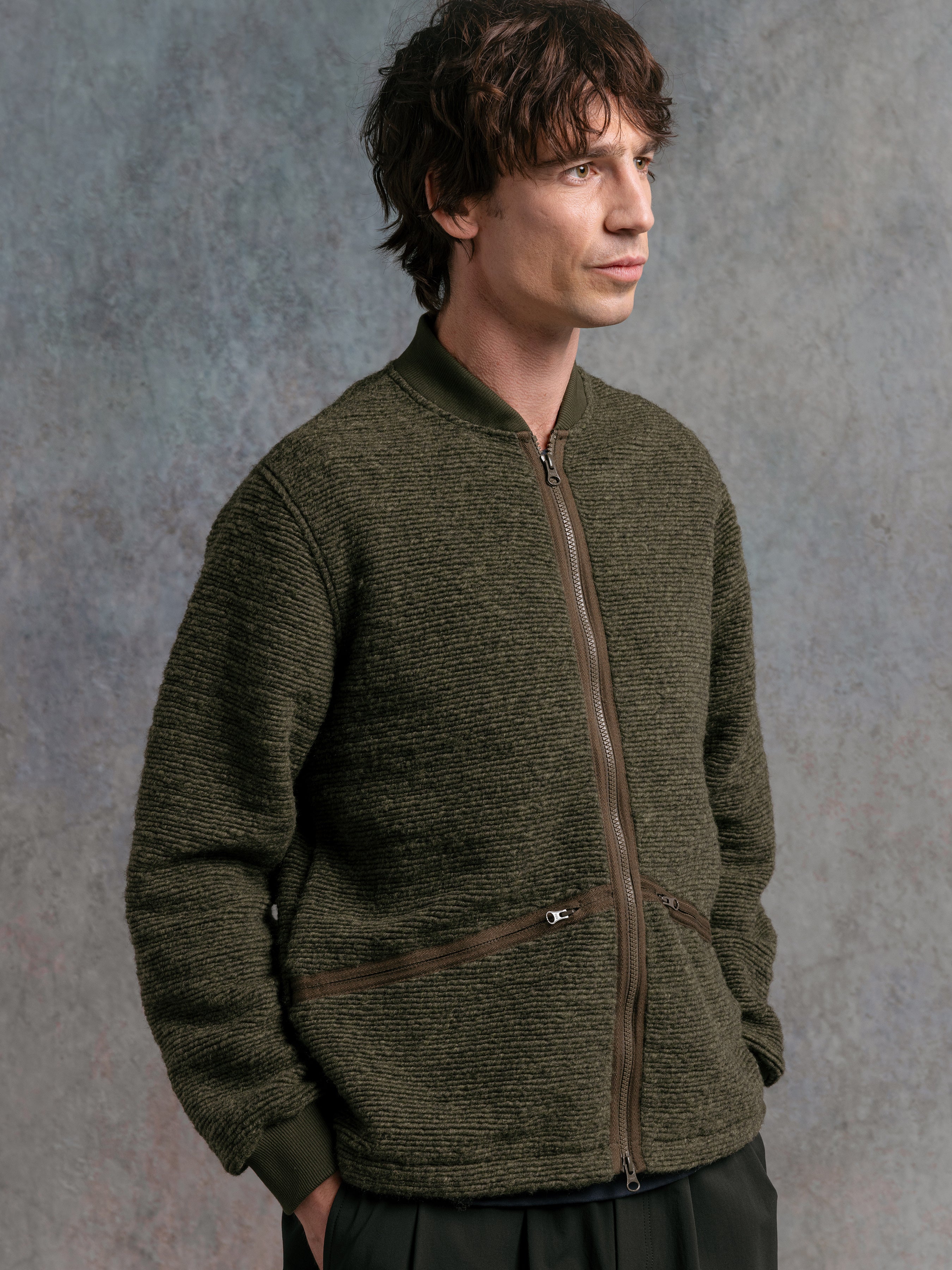 Dreghorn Jacket in Olive Ribbed Fleece