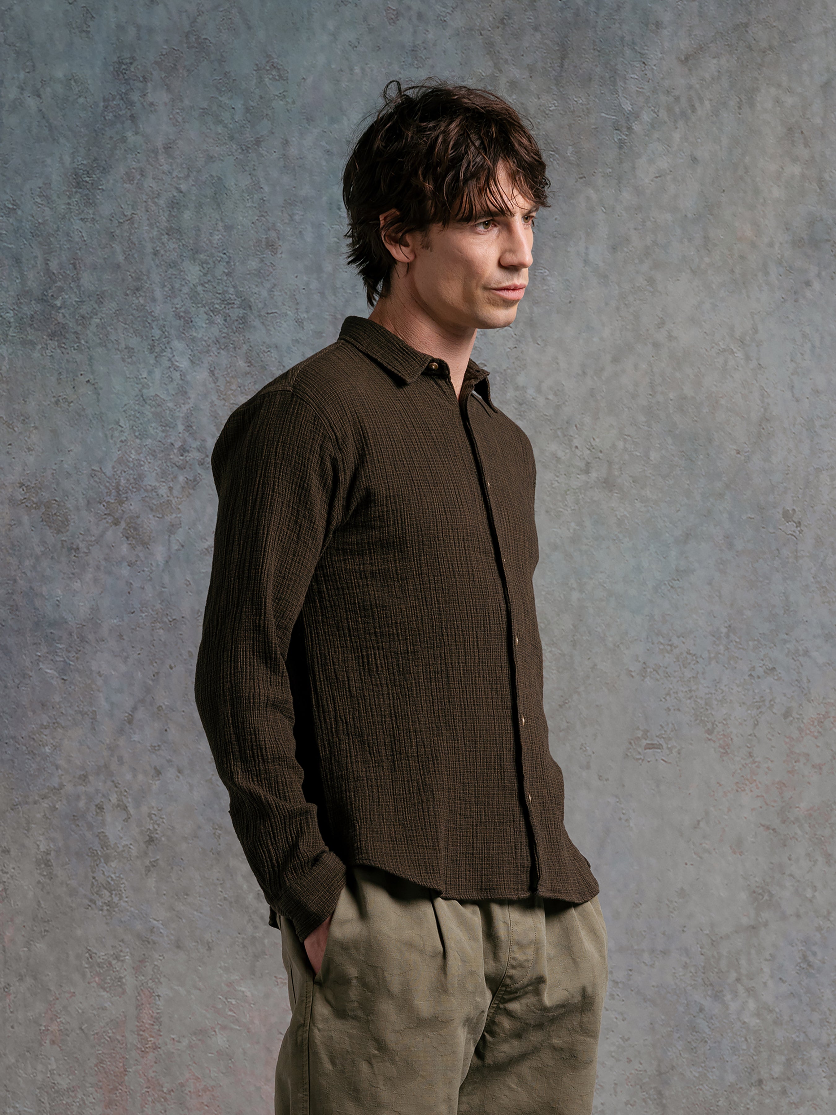 Dirleton Shirt in Olive Check Crinkle Cotton
