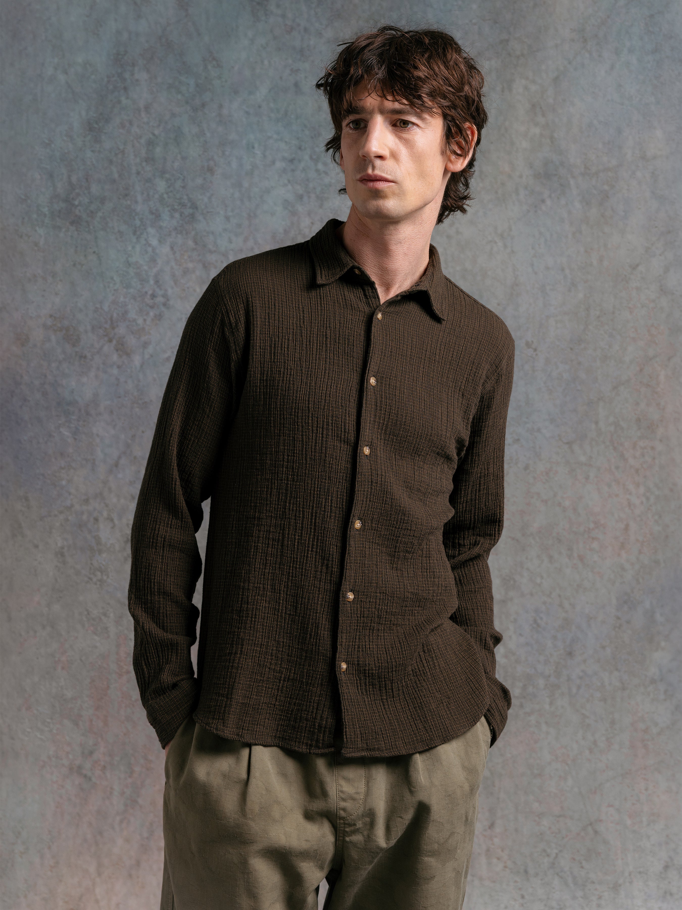 Dirleton Shirt in Olive Check Crinkle Cotton