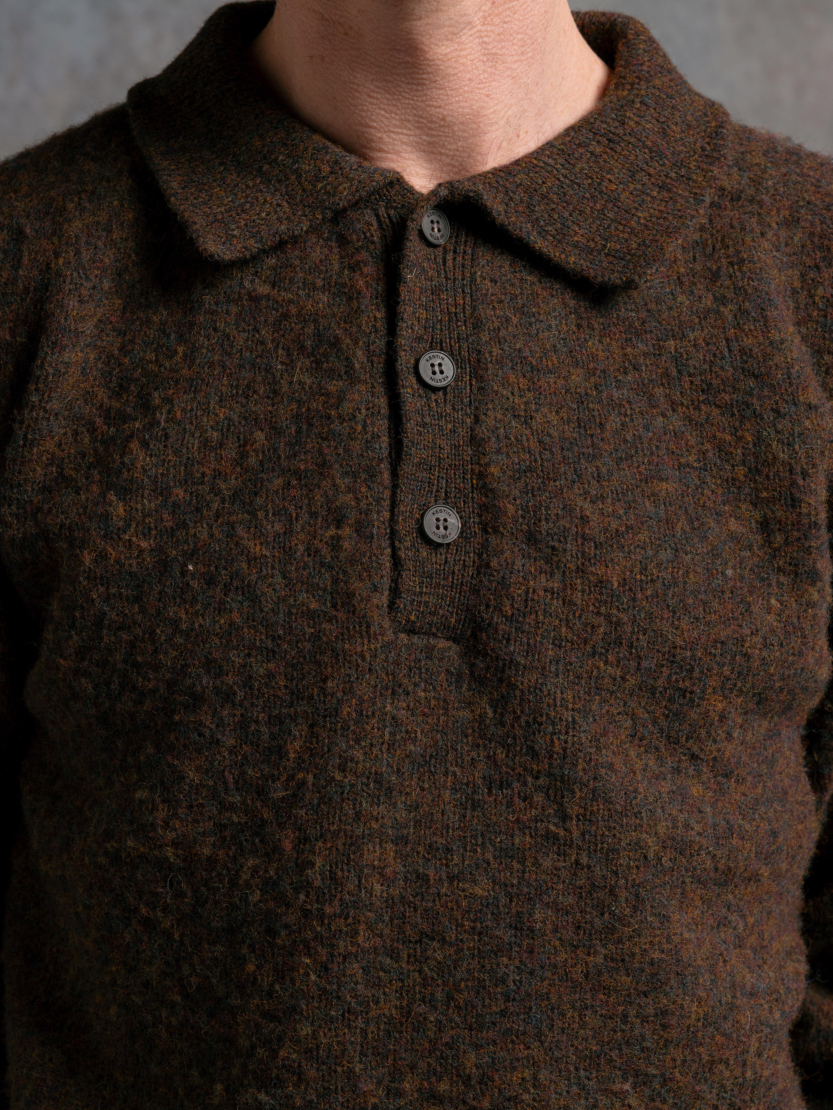 Lewis Brushed Shetland Polo in Walnut Lambswool