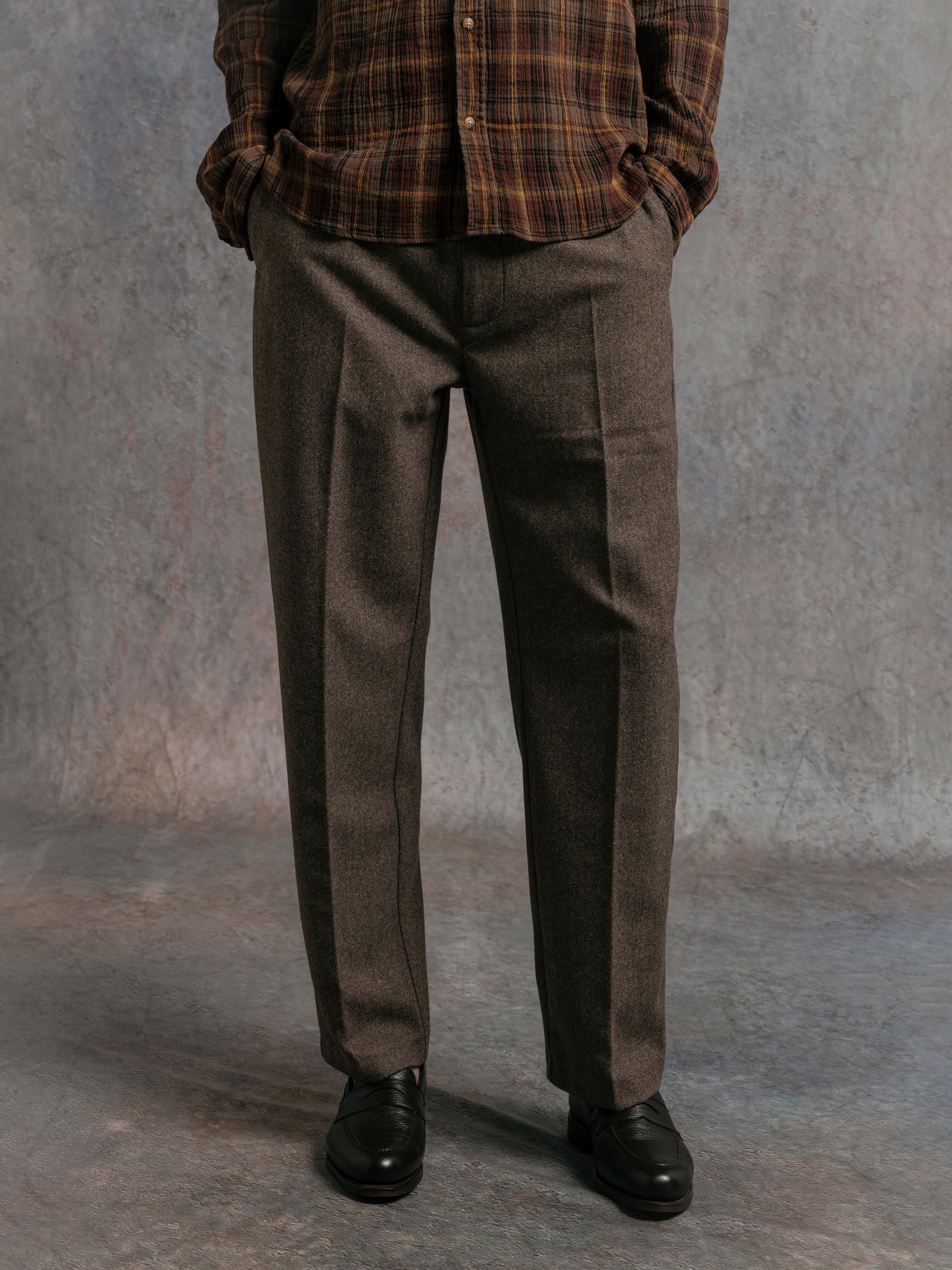 Moray Trouser in Olive Herringbone Wool Blend