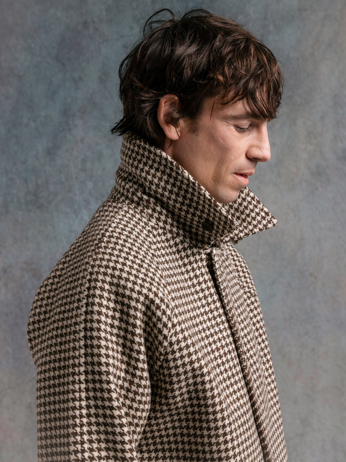 Drummond Overcoat in Dark Olive Dogtooth Wool