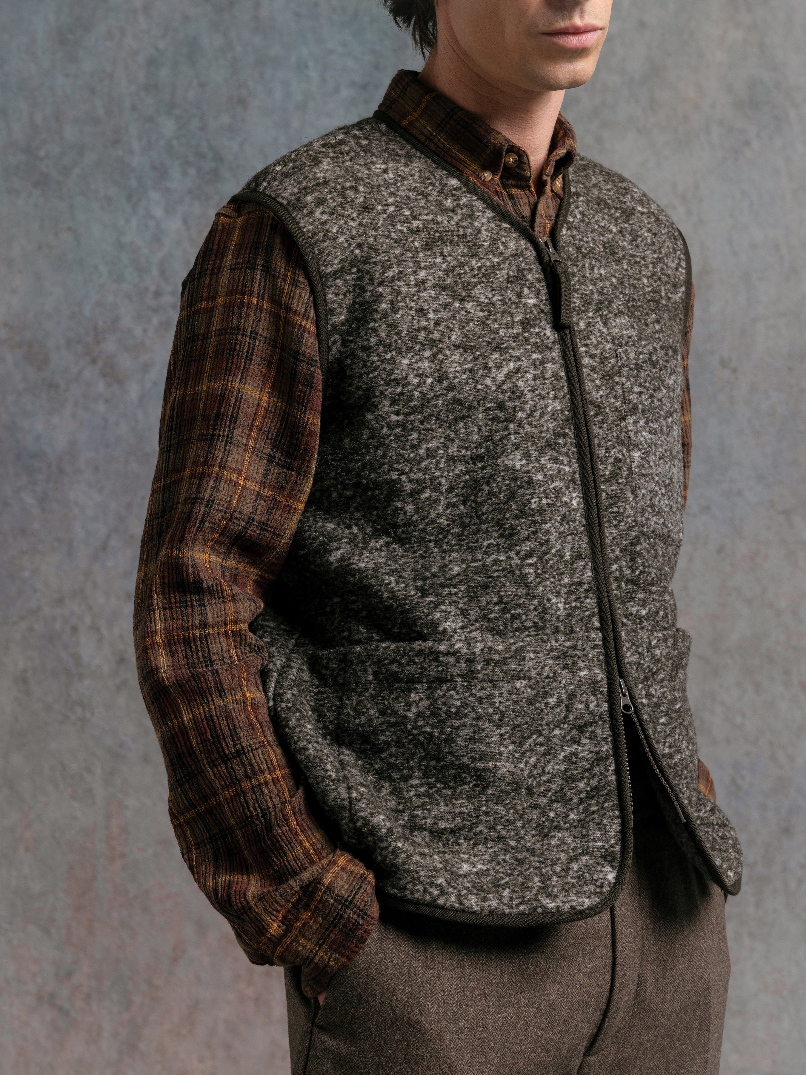 Bute Vest in Olive Speckled Wool Blend