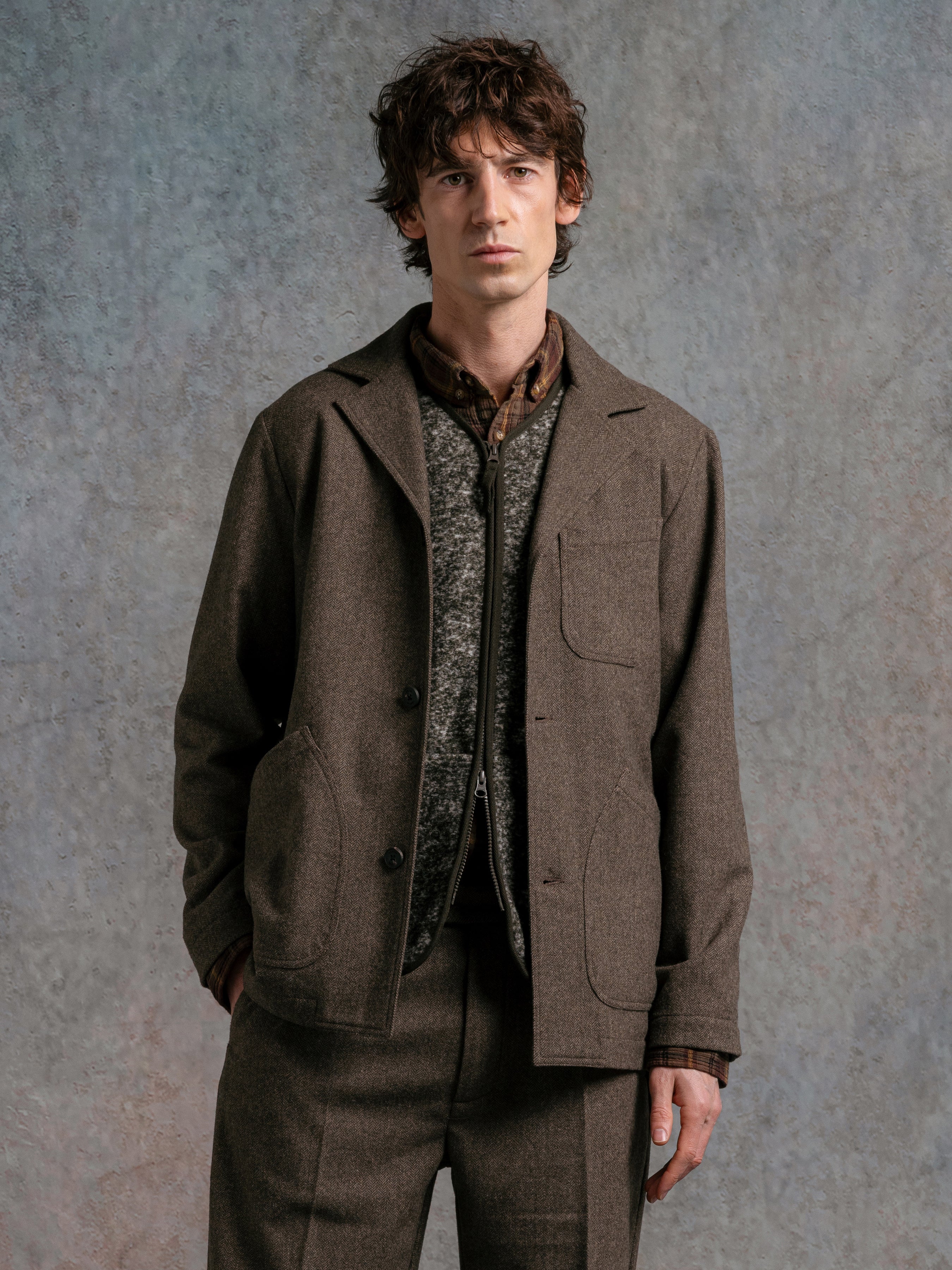 Stac Blazer in Olive Herringbone Wool Blend