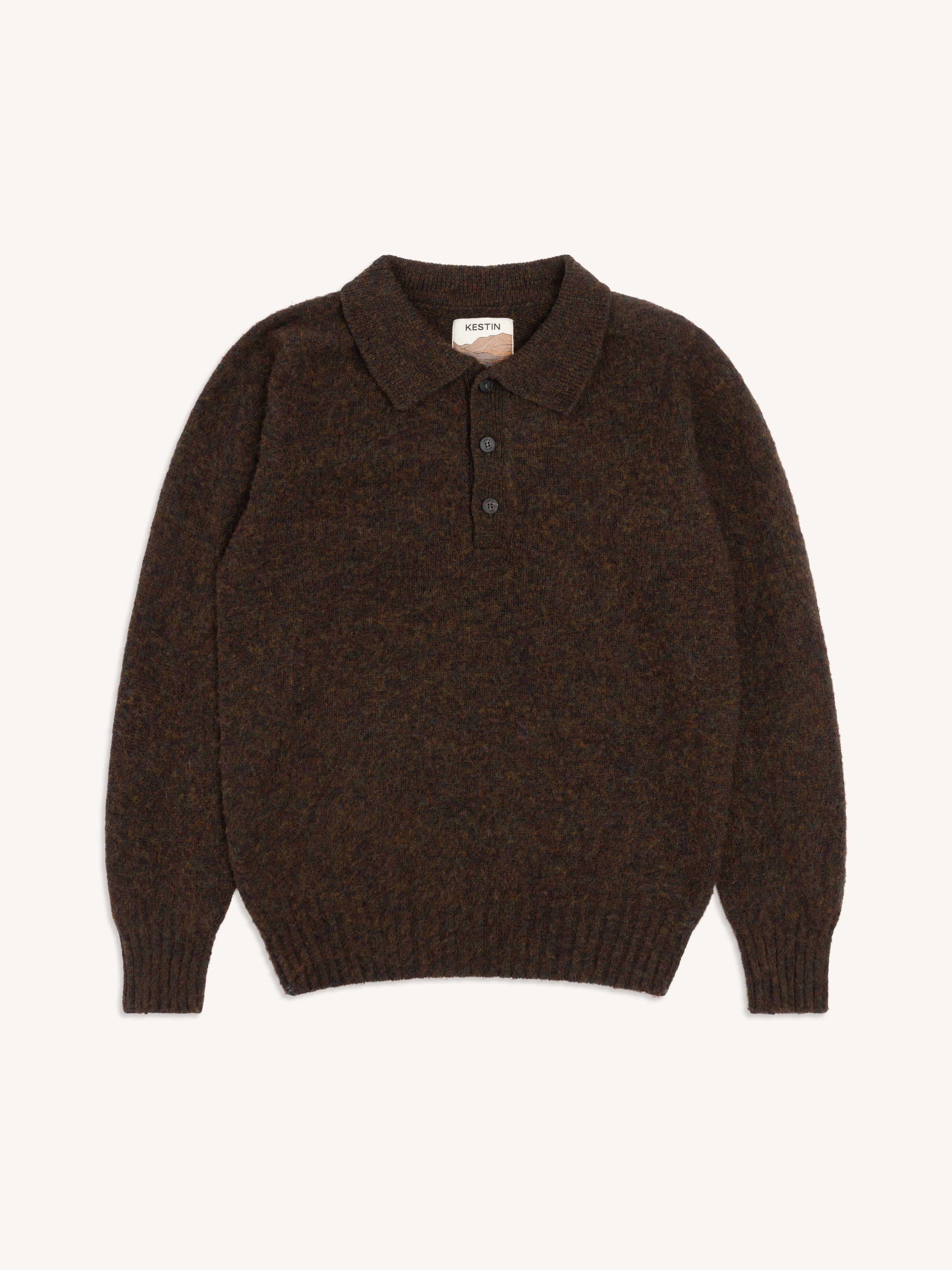 Lewis Brushed Shetland Polo in Walnut Lambswool