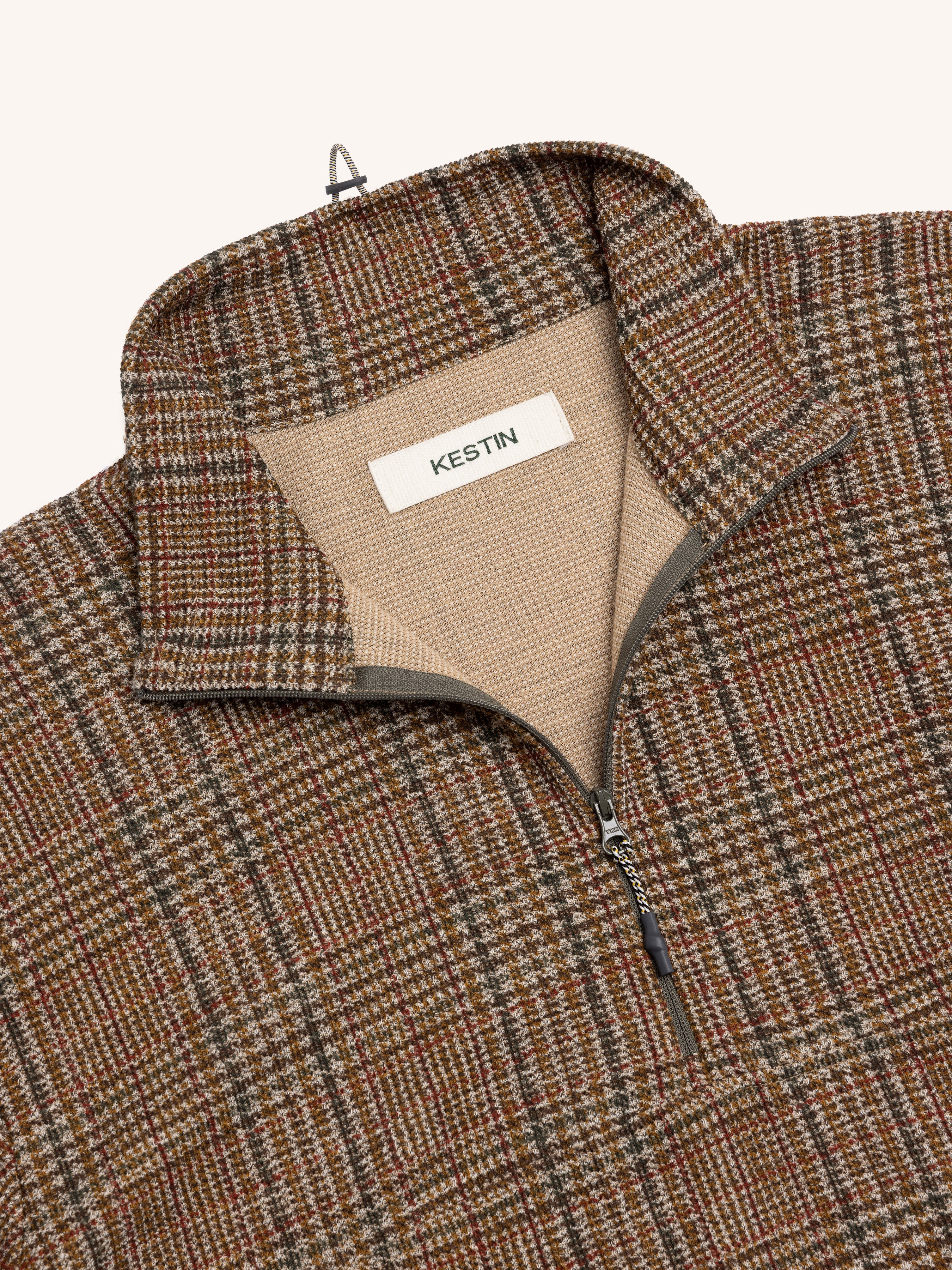 Aberfeldy Quarter Zip in Peat Printed Check Jersey