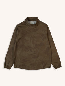 A lightweight zip-neck pullover with a subtle brown camo design.