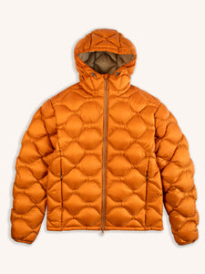 A technical outdoor insulated down jacket in bright orange on a white background.