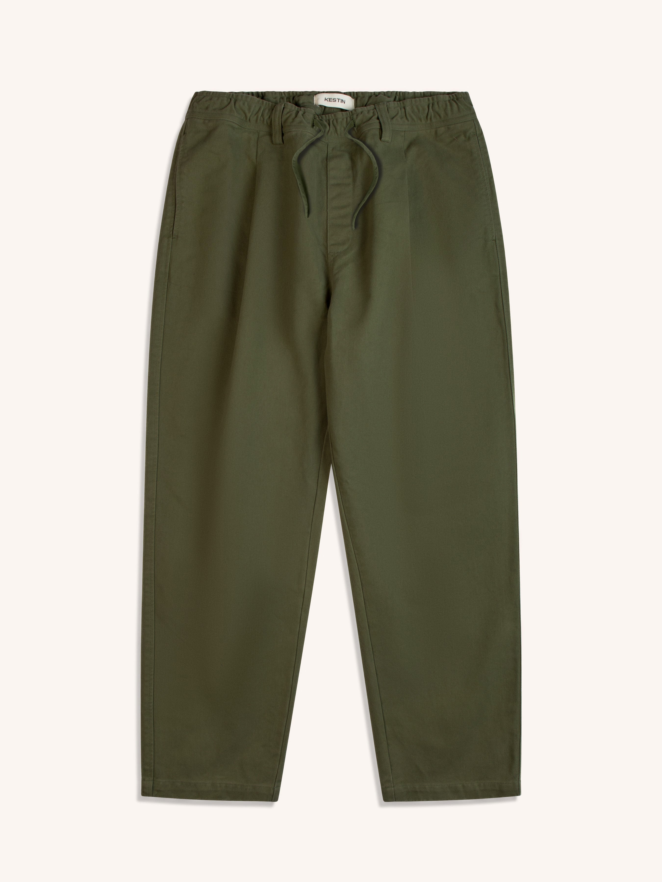 A pair of olive green trousers from designer label KESTIN, on a white background.