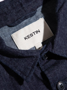 The neck label for the KESTIN Rosyth Overshirt in Indigo Denim.