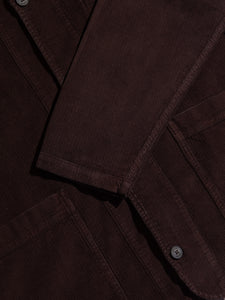 The cuff and front from KESTIN's Huntly Jacket, made from a dark brown corduroy.