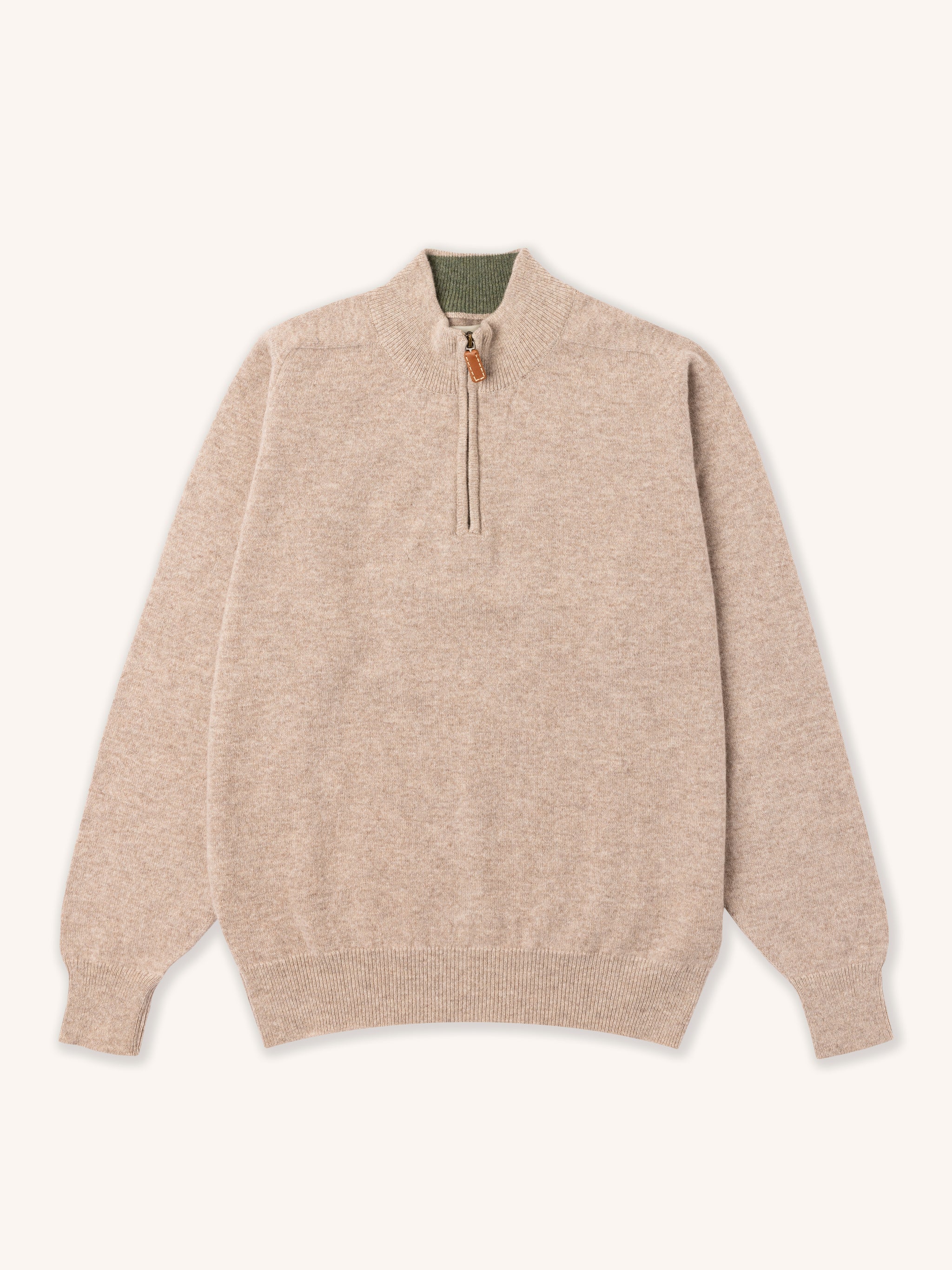 Beige Made In Scotland zip neck sweater on a white background