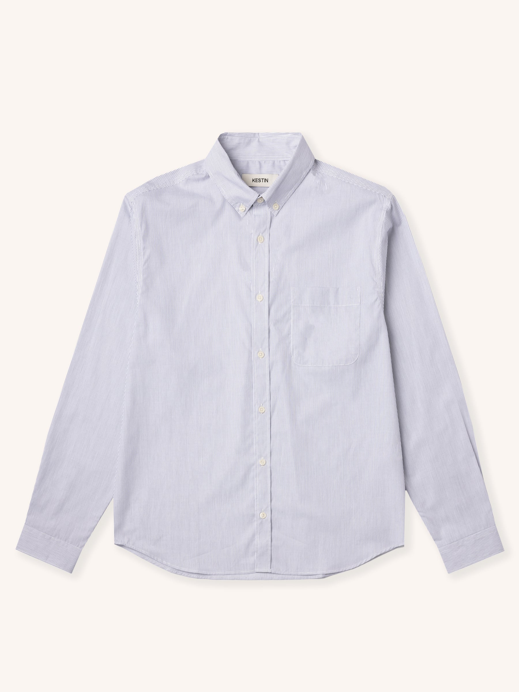 A white and blue stripe long sleeve shirt on a white background.
